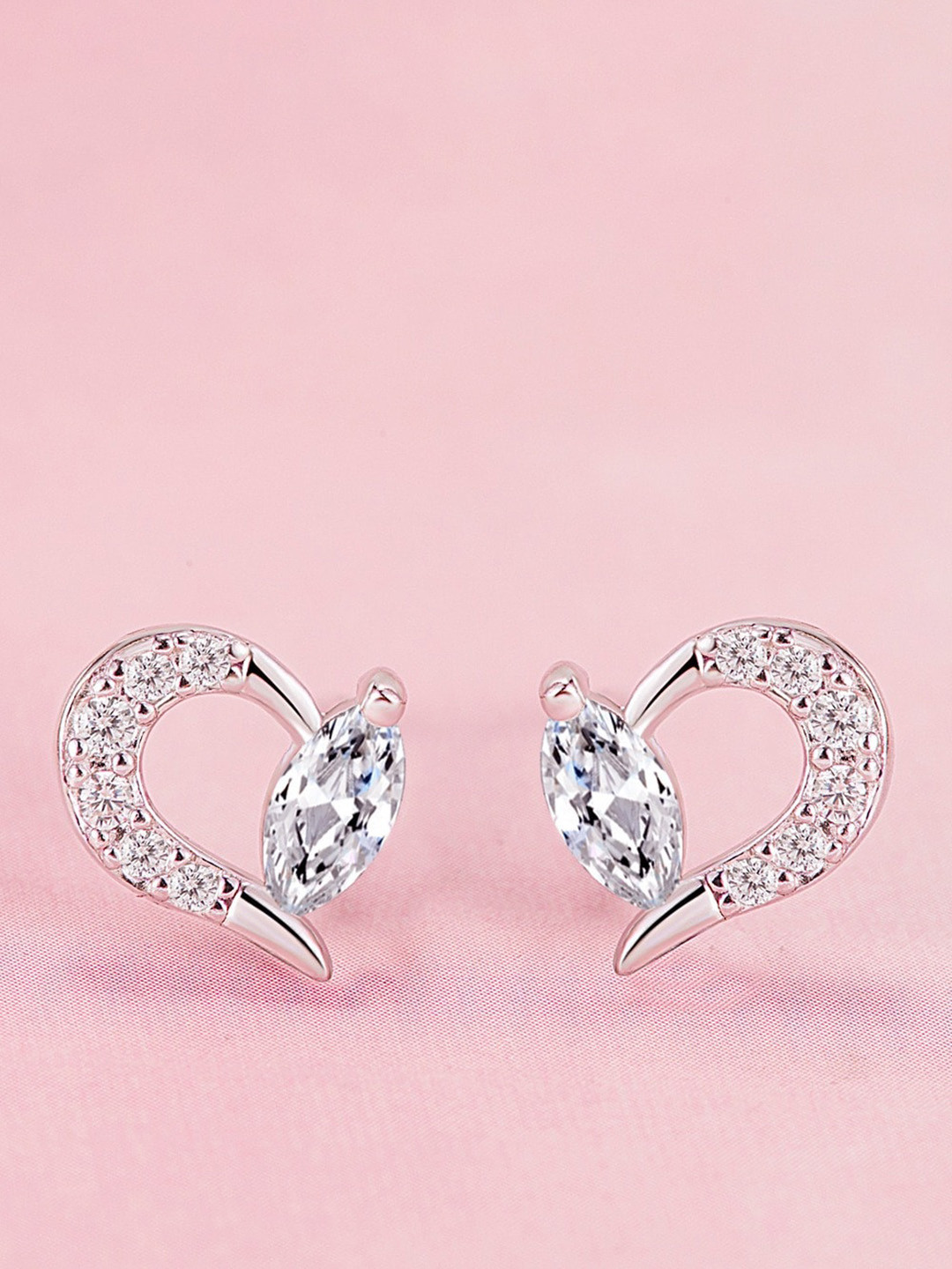 MYKI Silver-Plated Stainless Steel Contemporary Cubic Zirconia Heart Studs Earrings