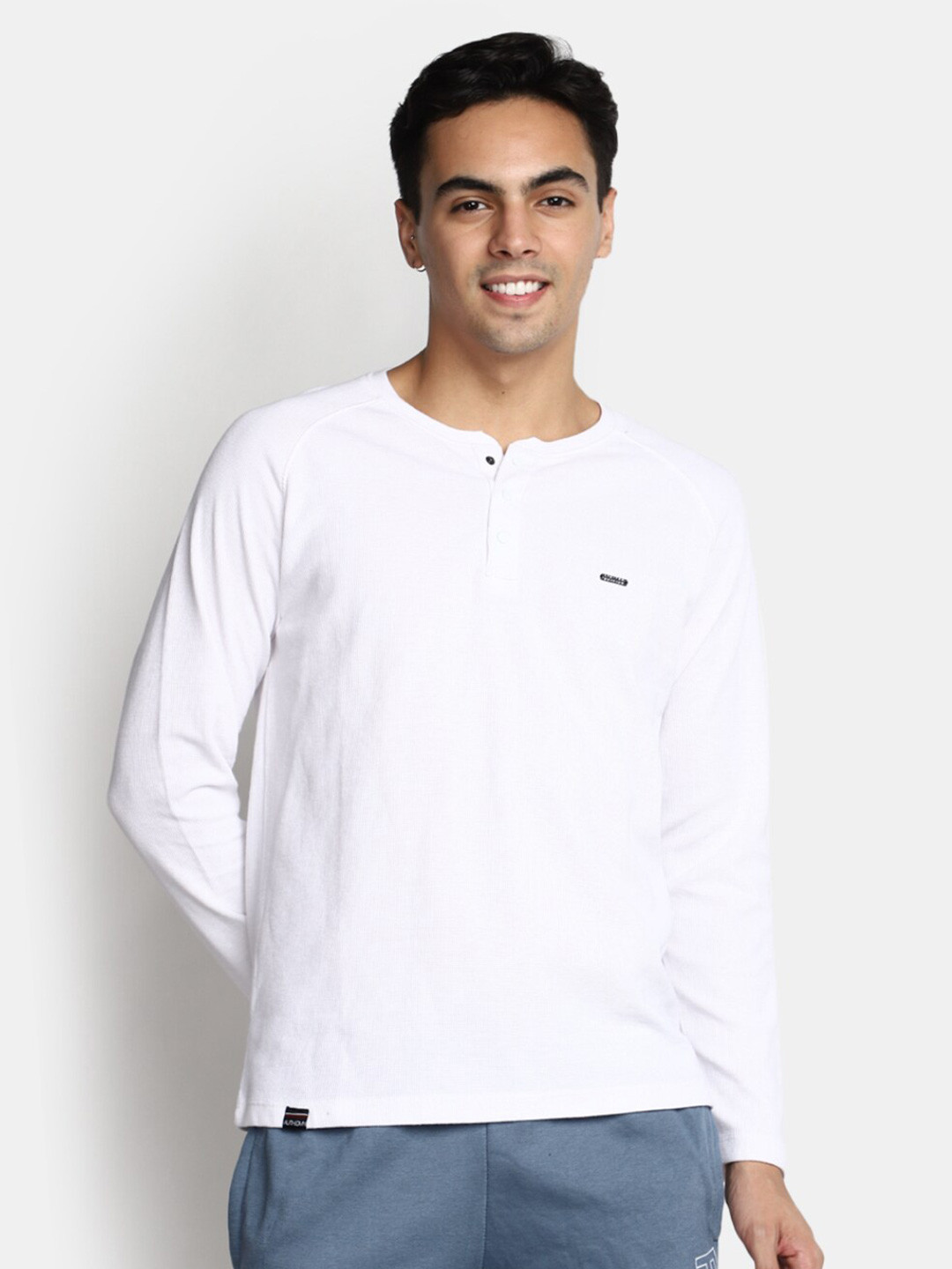 V-Mart Self Design Raglan Sleeves Henley Neck Cotton T-Shirt