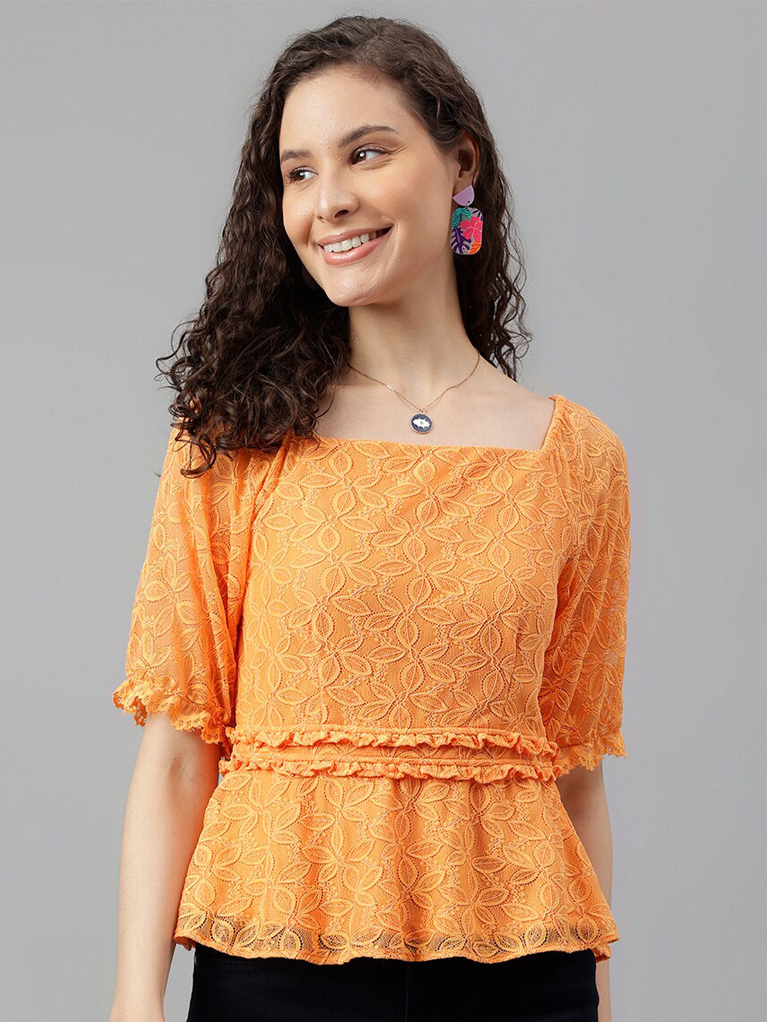 Latin Quarters Orange Self Design Puff Sleeve Lace Peplum Top