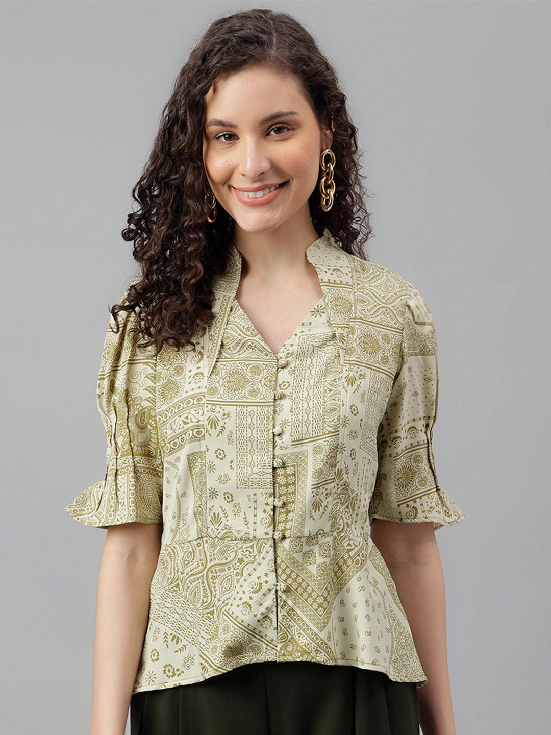 Latin Quarters Women Print Mandarin Collar Shirt Style Top