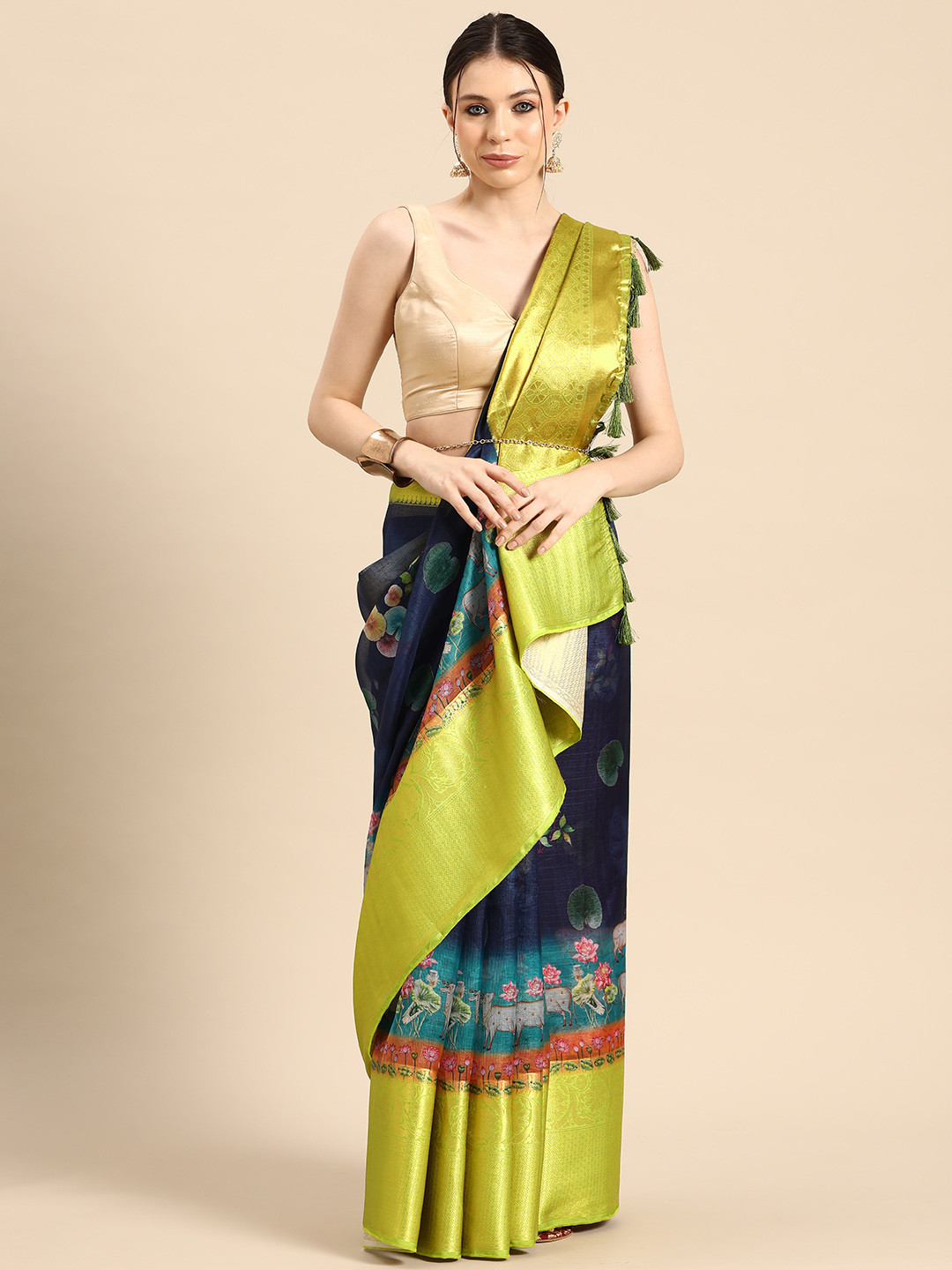 Silk Land Kalamkari Woven Pichwai Muga Silk With Digital Print saree
