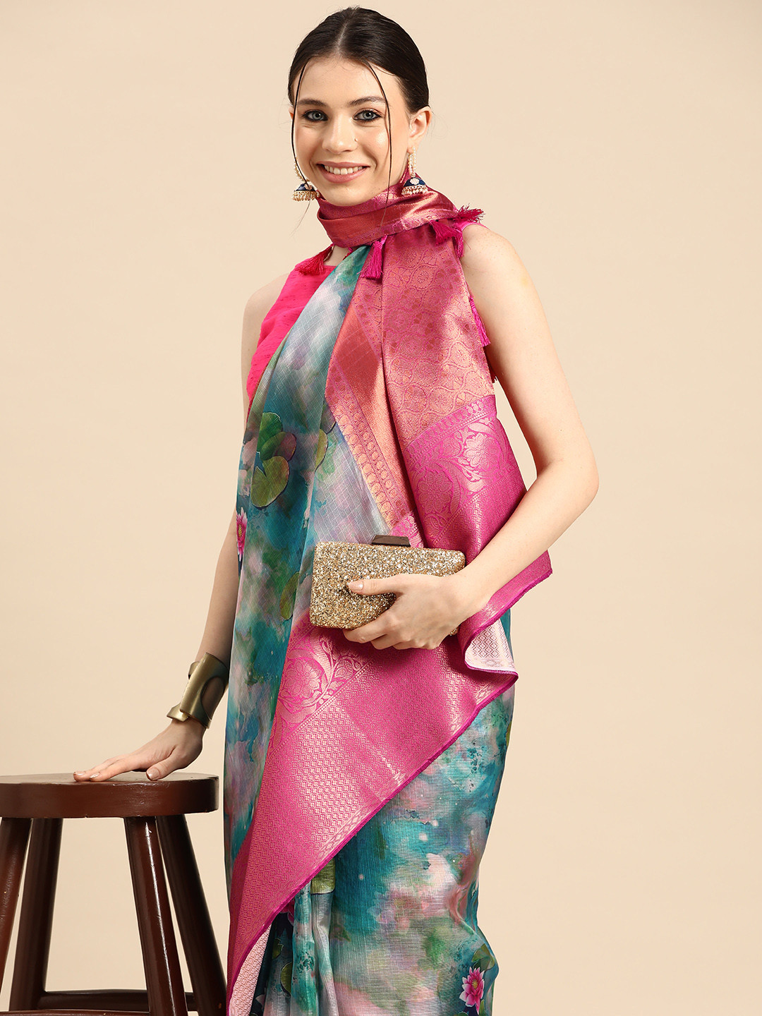 Silk Land Floral Pichwai Muga Silk Woven With Digital Print saree