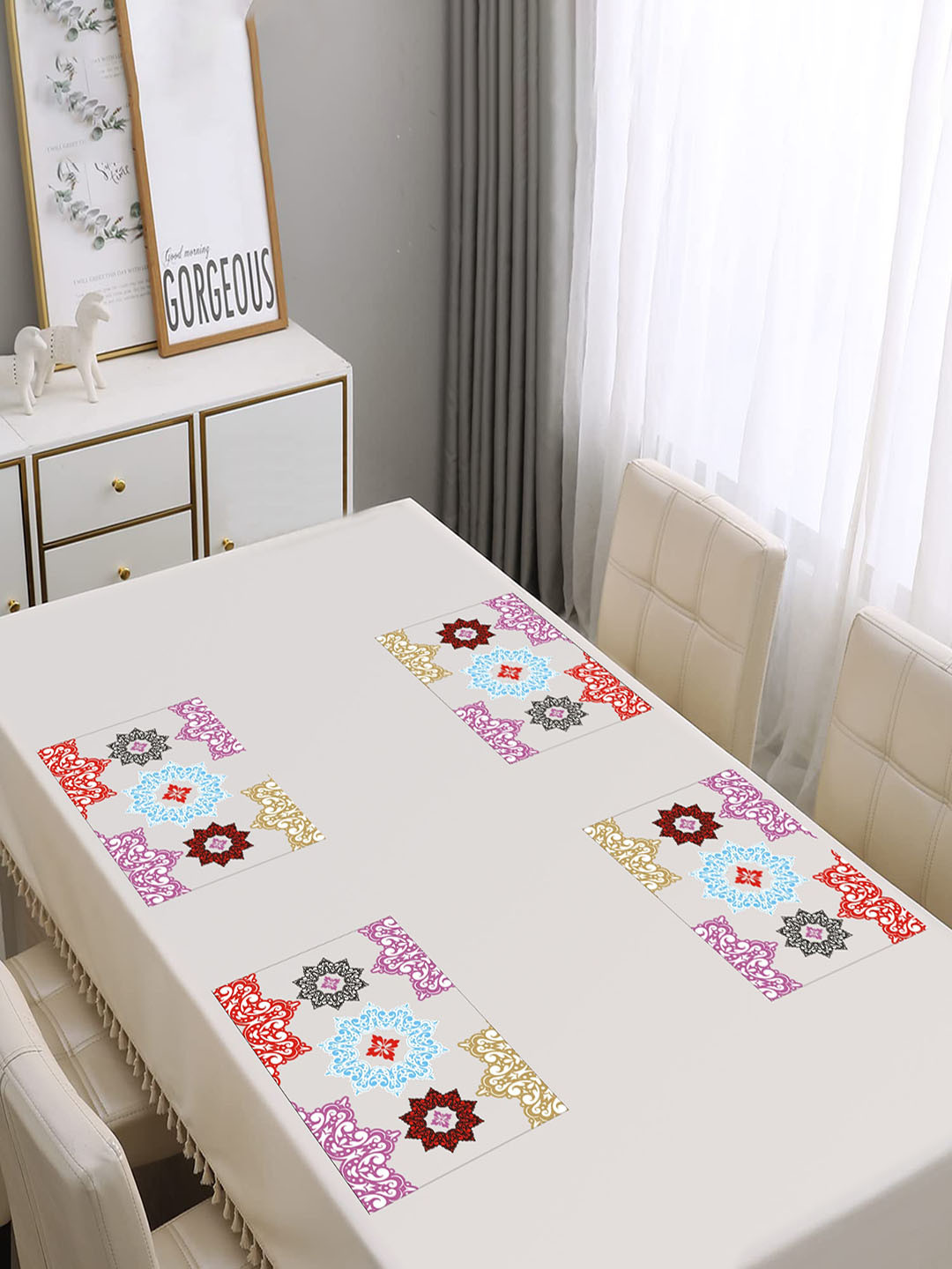 Dakshya Industries Blossom Beige & Blue 4 Pieces Printed Rectangle Table Placemats