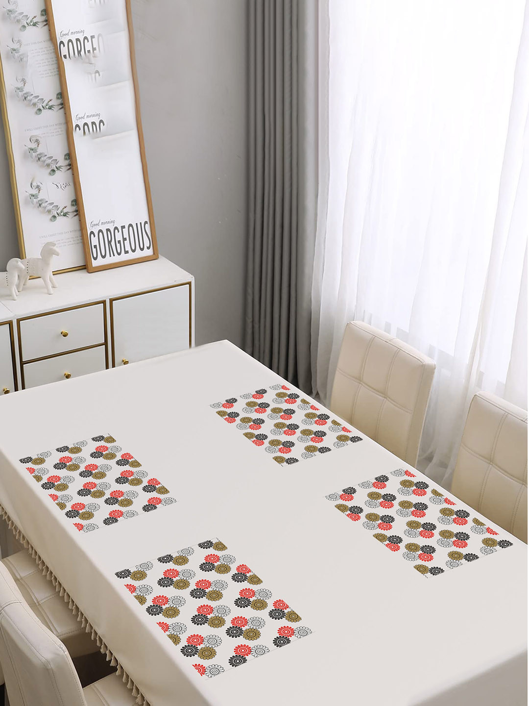 Dakshya Industries Blossom 4 Pcs Red & Green Printed Anti-Bacterial Table Placemats