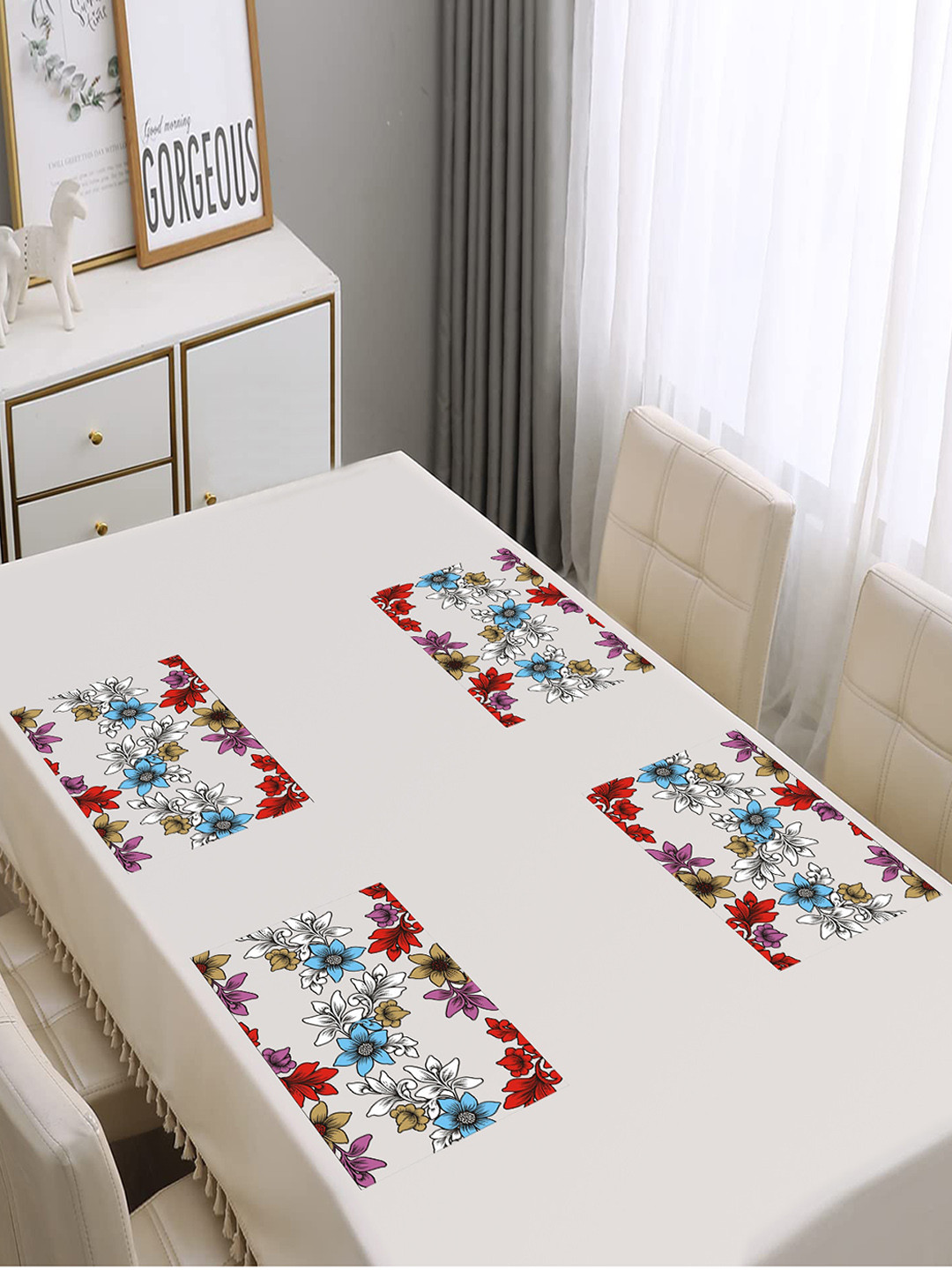 Dakshya Industries Blossom Blue & Red 4 Pieces Printed Rectangle Table Placemats