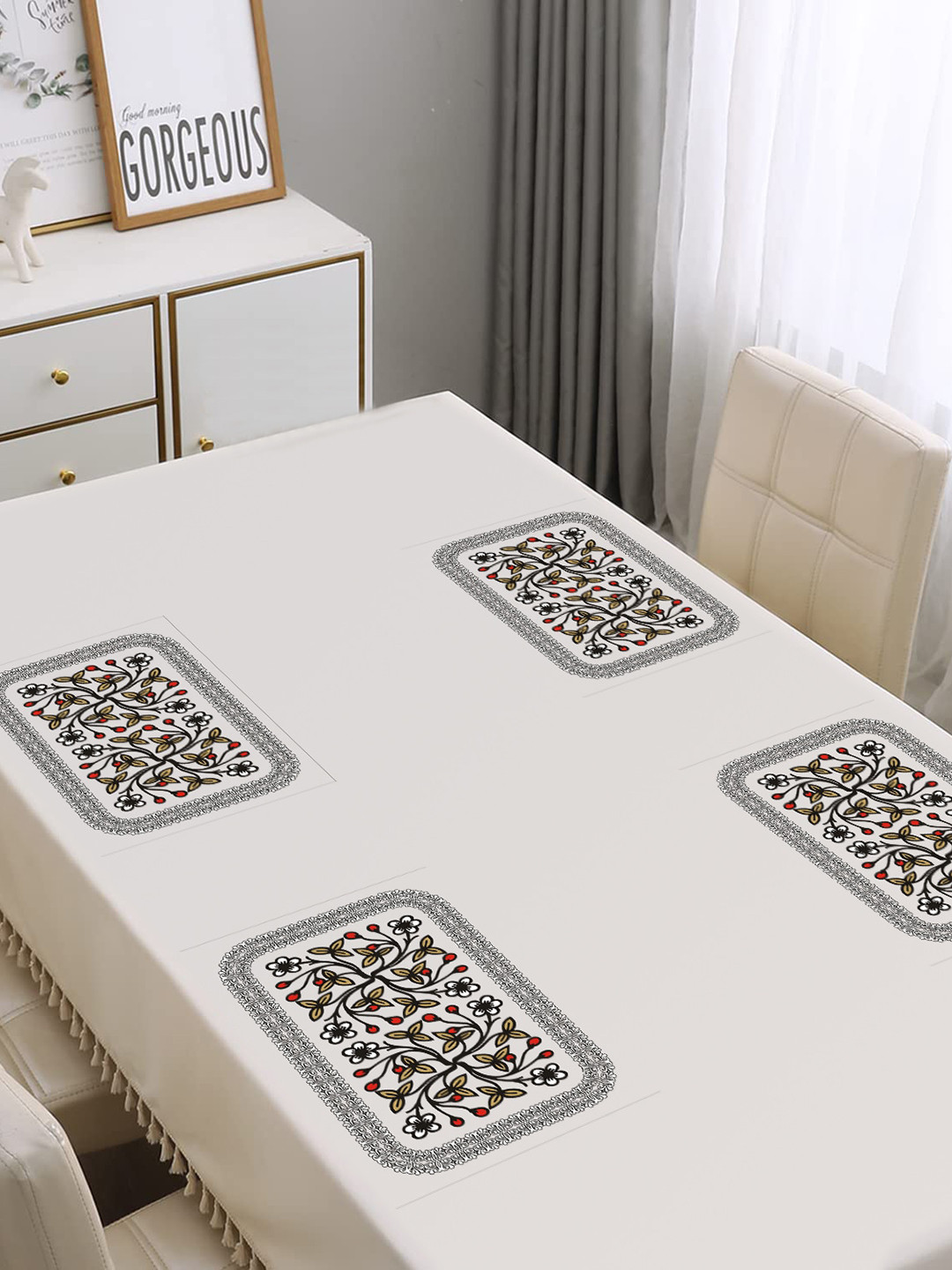 Dakshya Industries Blossom Black & Red 4 Pieces Printed Table Placemats