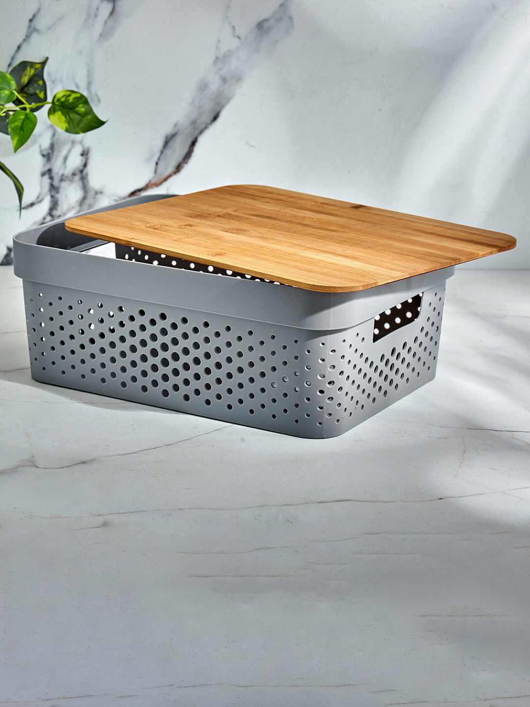 Home Centre Grey Regan Infinity Storage Basket With Bamboo Lid