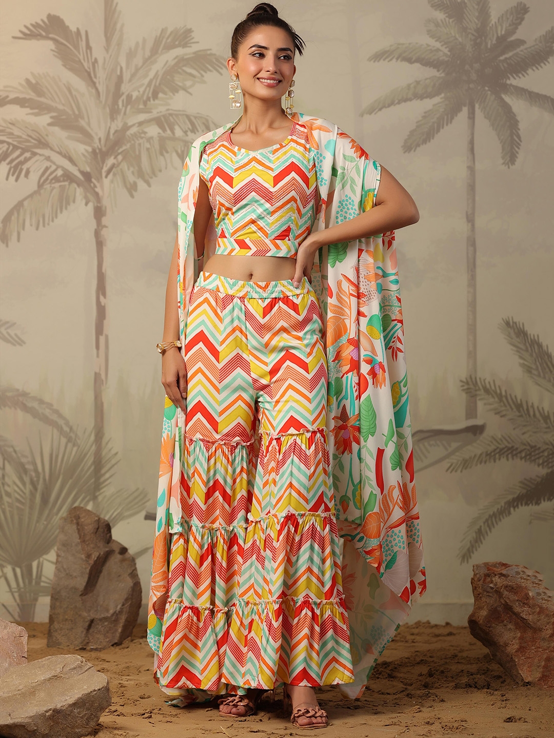 SCAKHI Chevron Printed Beads And Stones Detail Top & Sharara With Cape - Co Ords for Women 25608486 | Myntra