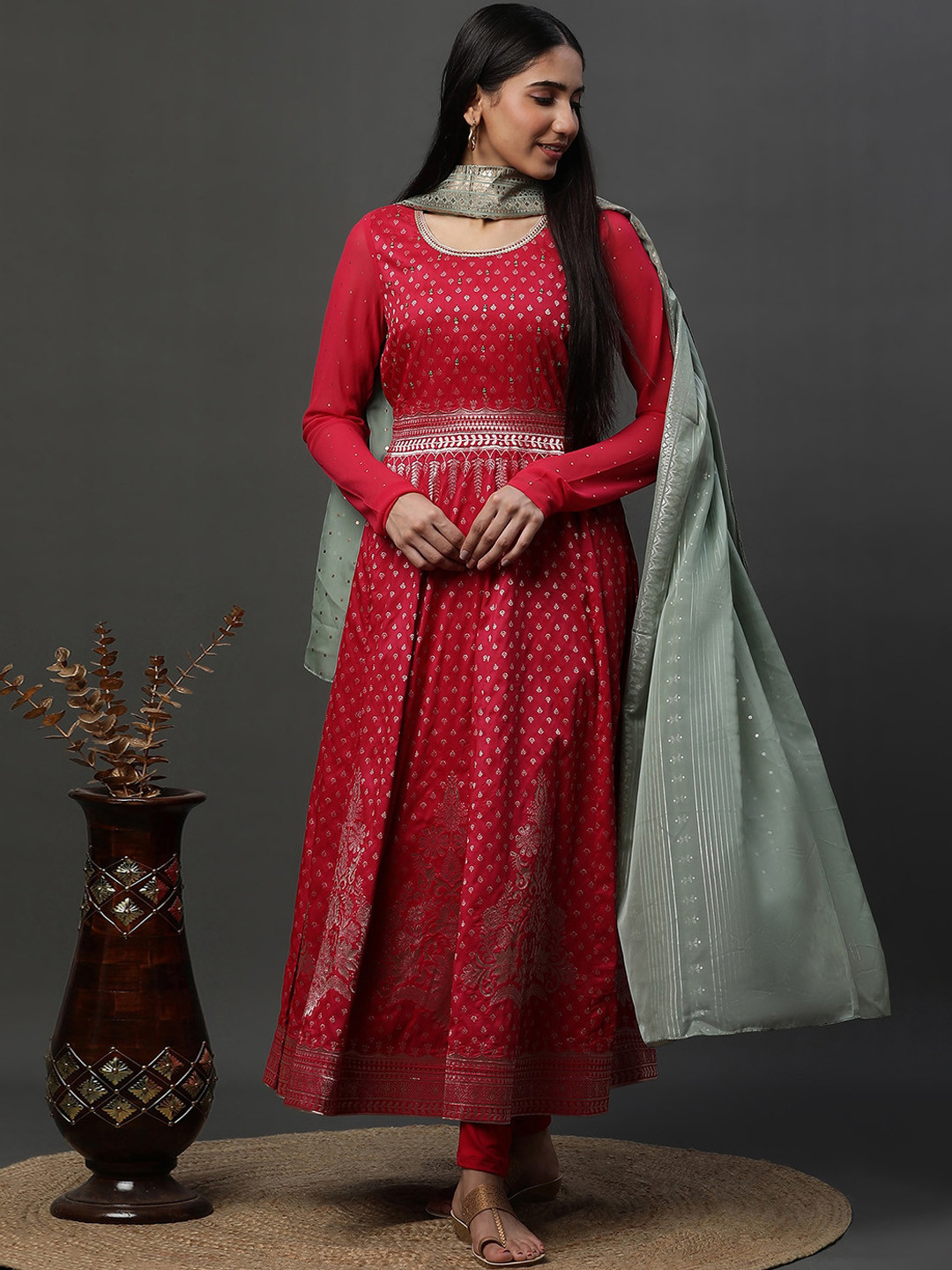 AURELIA Ethnic Motifs Printed Bead Work Kurta With Leggings & Dupatta