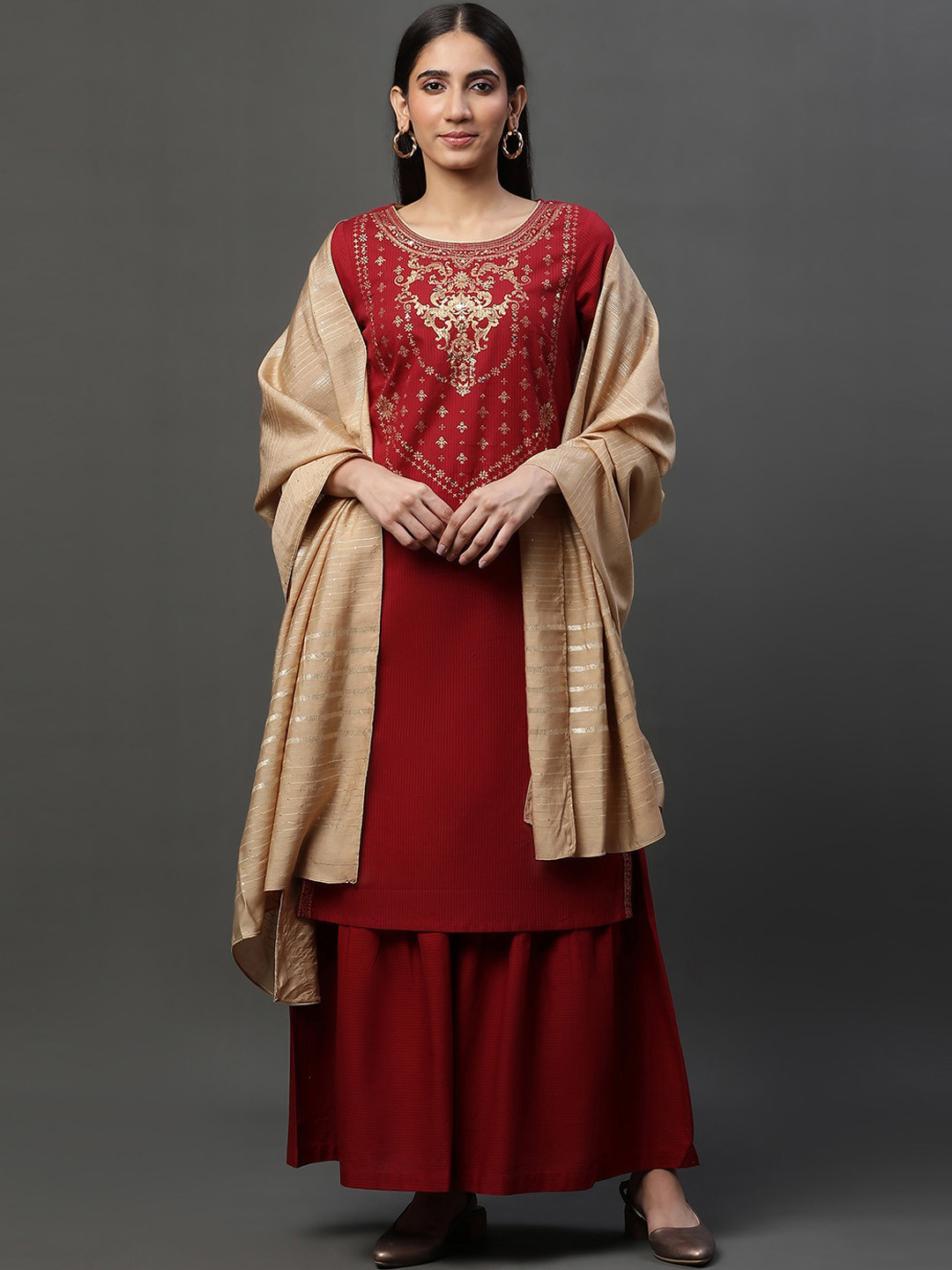 AURELIA Ethnic Motifs Yoke Design Pure Cotton Kurta with Sharara & Dupatta