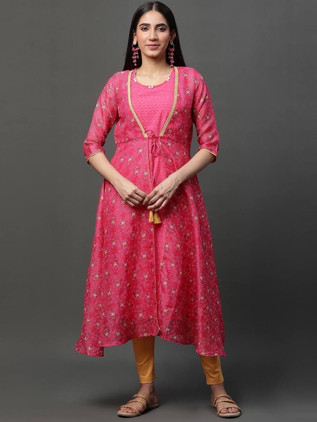 AURELIA Geometric Self Design Pure Cotton Straight Kurta & Leggings With Jacket