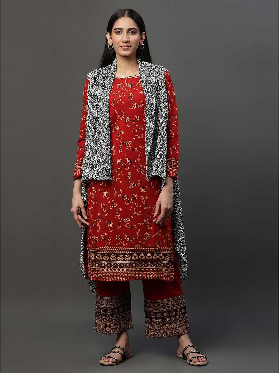 AURELIA Self Design Sleeveless Longline Waterfall Shrug