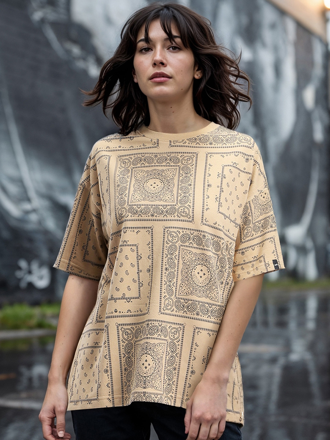 Bewakoof Heavy Duty 1.0 Women Brown & Black All Over Printed Oversized T-shirt