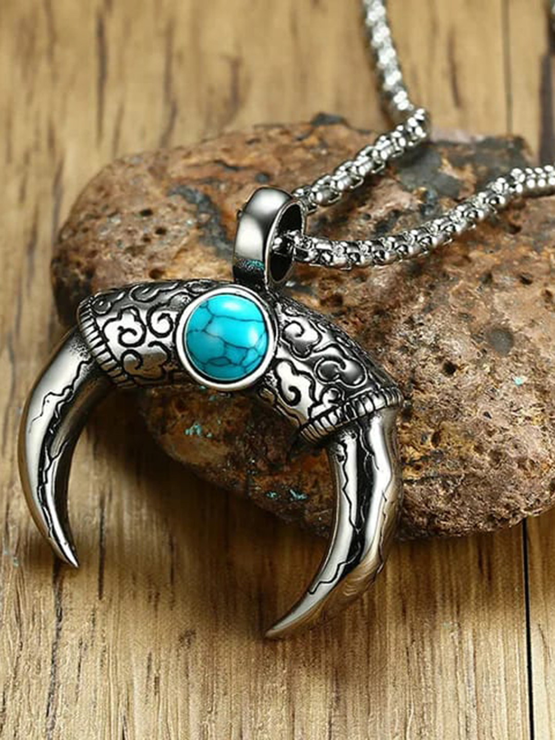 KRYSTALZ Silver-Plated Celtic Horn Oxidised Pendant With Chain