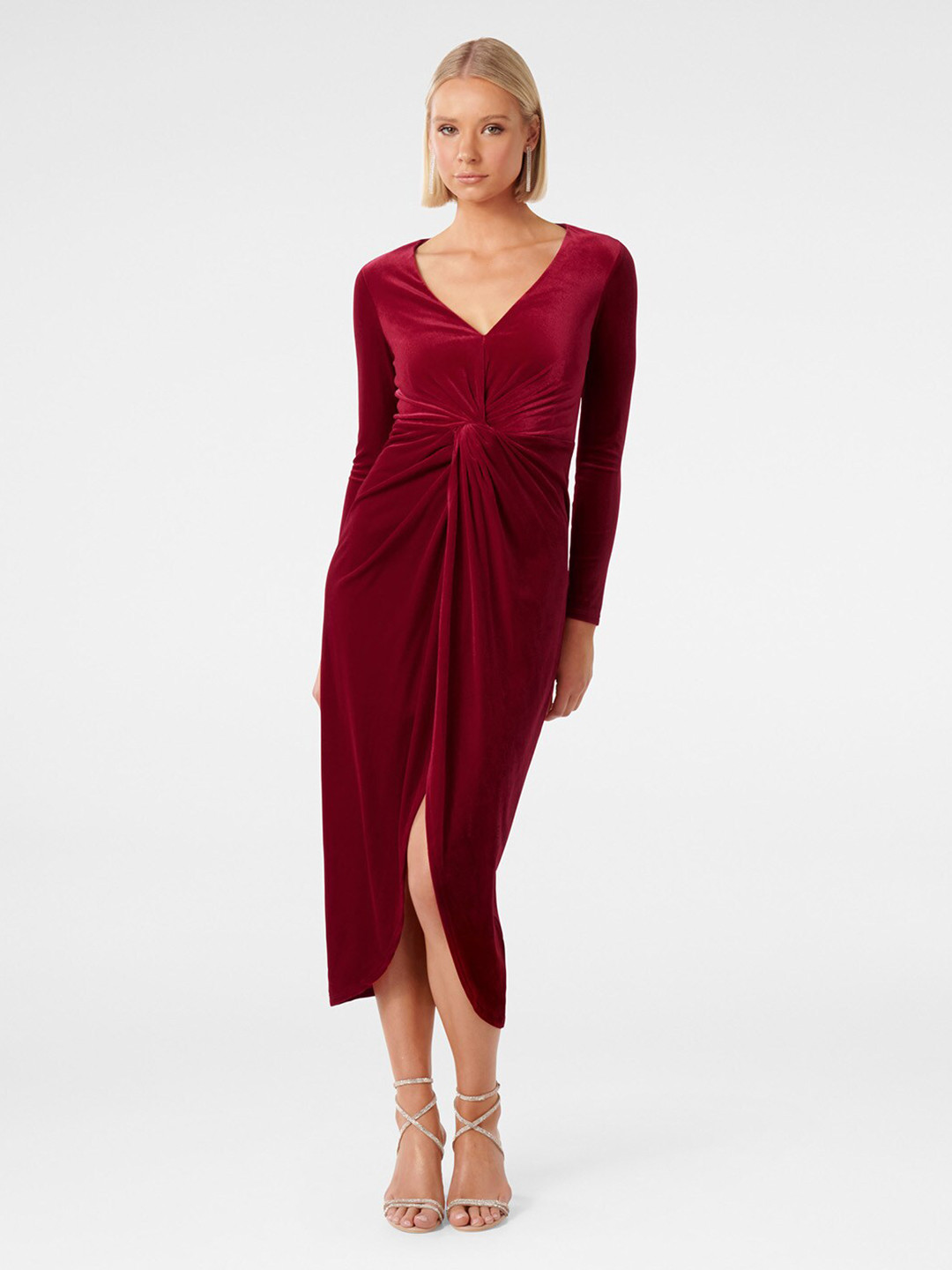 Forever New V-Neck Twisted Detailed Velvet Midi Sheath Dress