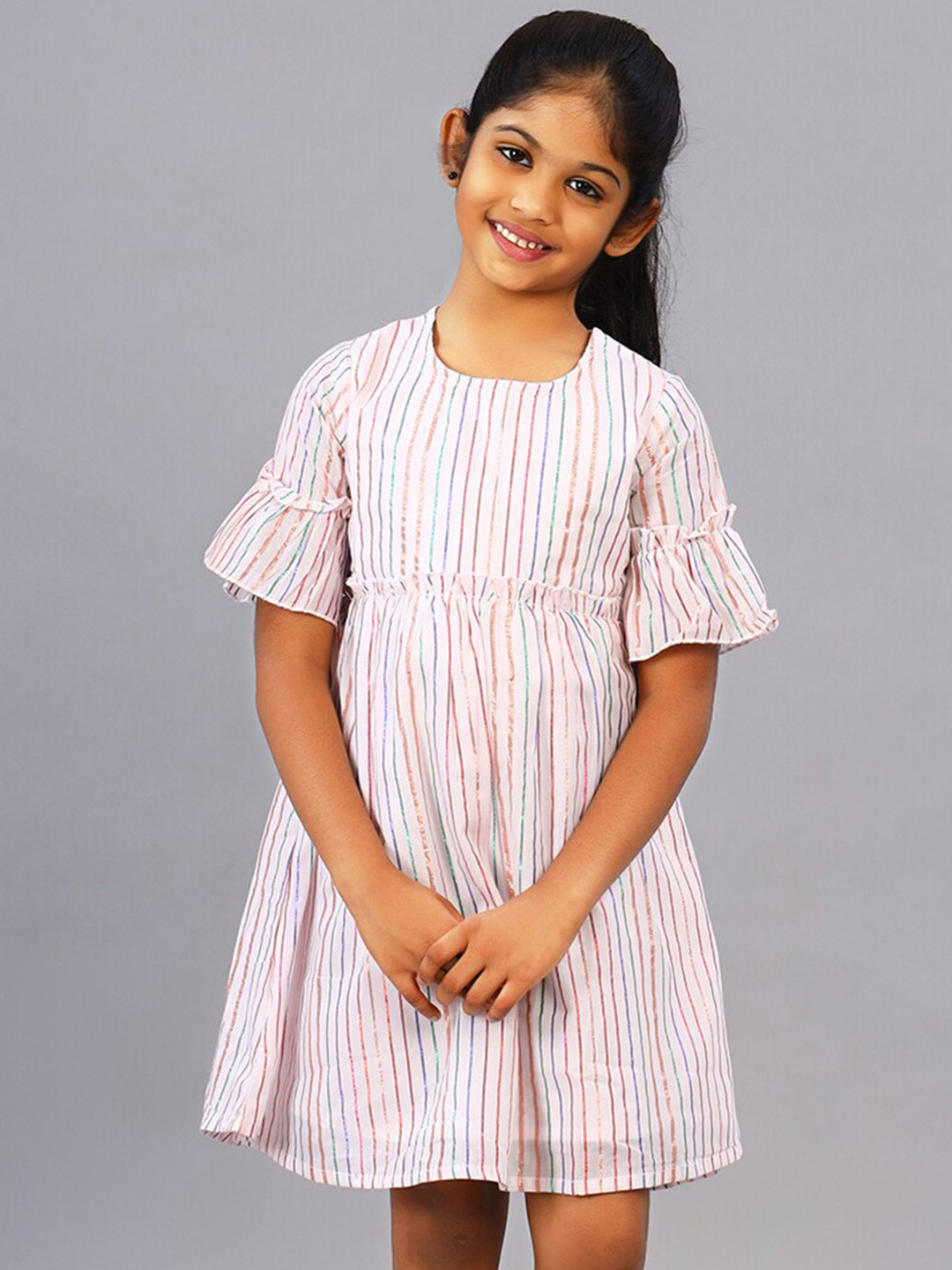 ZION Striped Bell Sleeves Gathered or Pleated Detail Cotton Fit And Flare Dress
