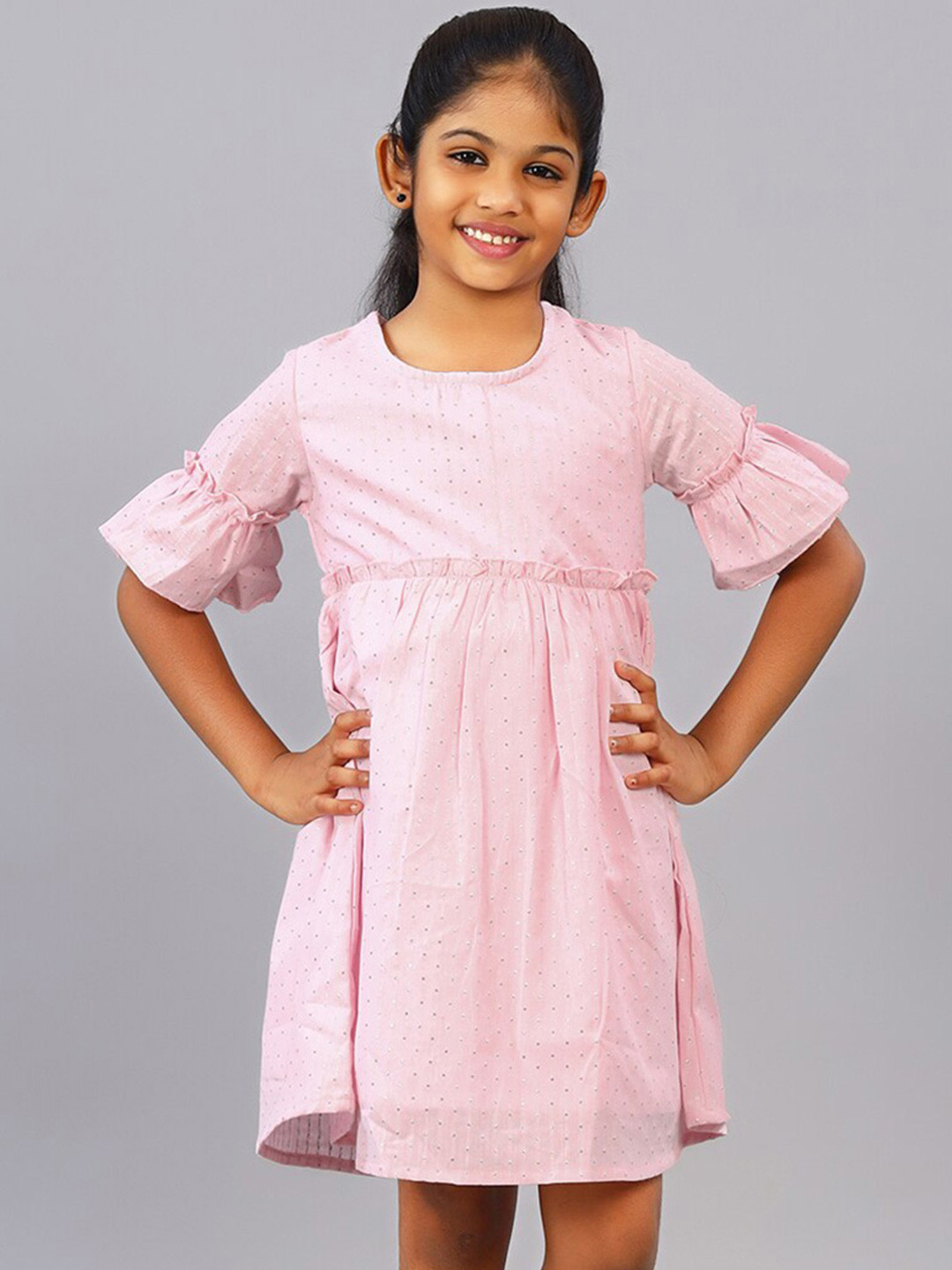 ZION Geometric Self Design Bell Sleeves Fit & Flare Dress