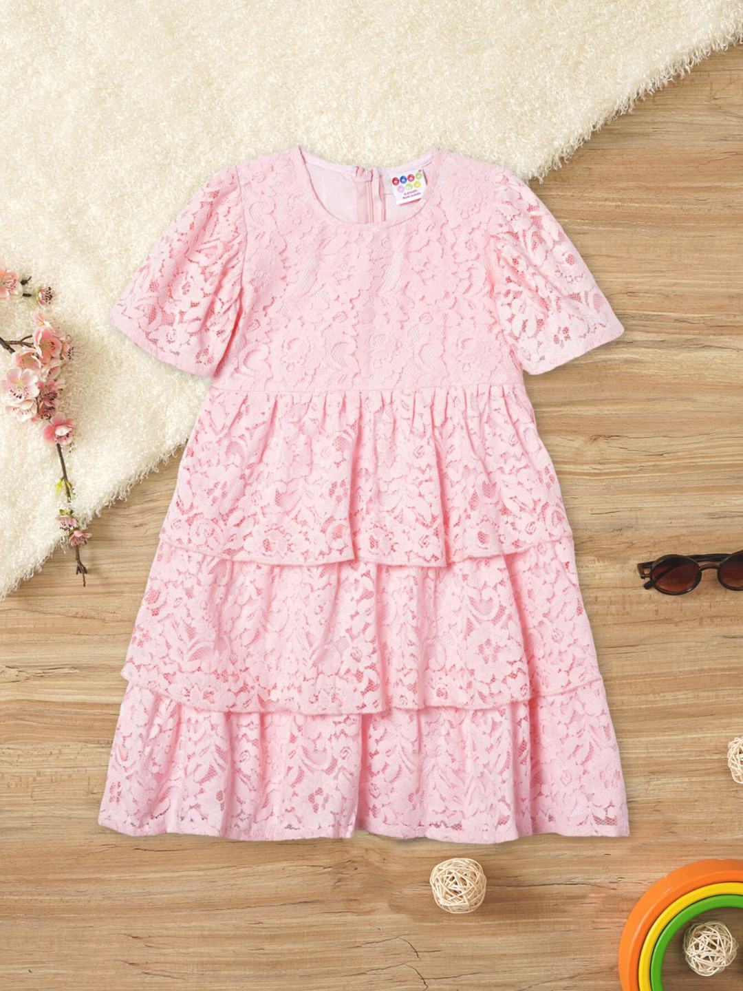 ZION Floral Self Design Layered Lace Up Detail Cotton Fit And Flare Dress