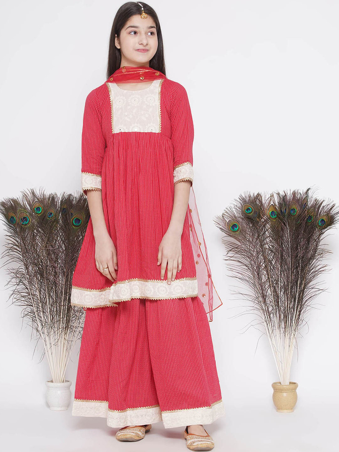 Little Bansi Girls Striped Anarkali Pure Cotton Kurta With Sharara & Dupatta