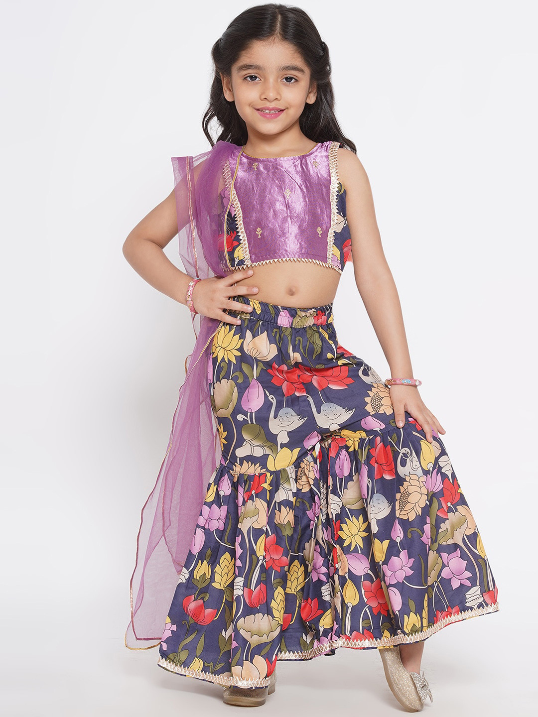 Little Bansi Girls Round Neck Pure Cotton Top With Sharara & Dupatta