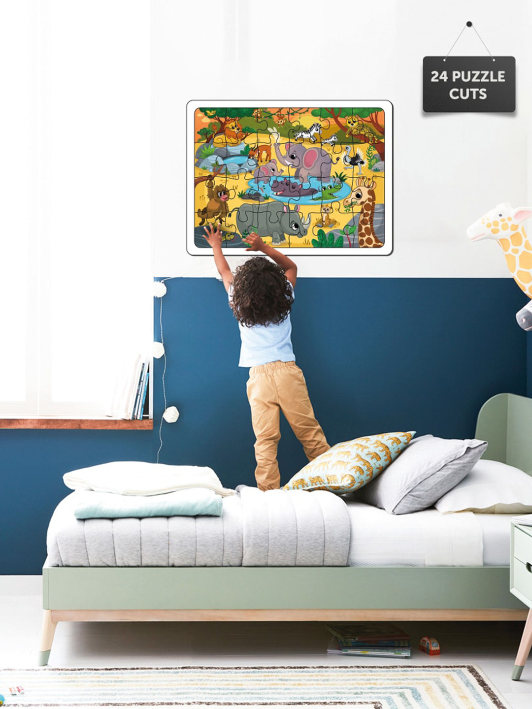 Mini Leaves Kids Wild Safari Animals 24-Pieces Wooden Jigsaw Floor Puzzles with Wooden Box