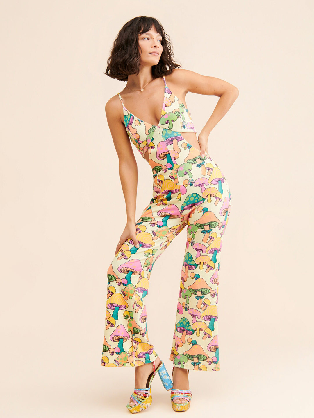 MAZIE Conversational Printed Shoulder Straps Cut-Out Jumpsuit