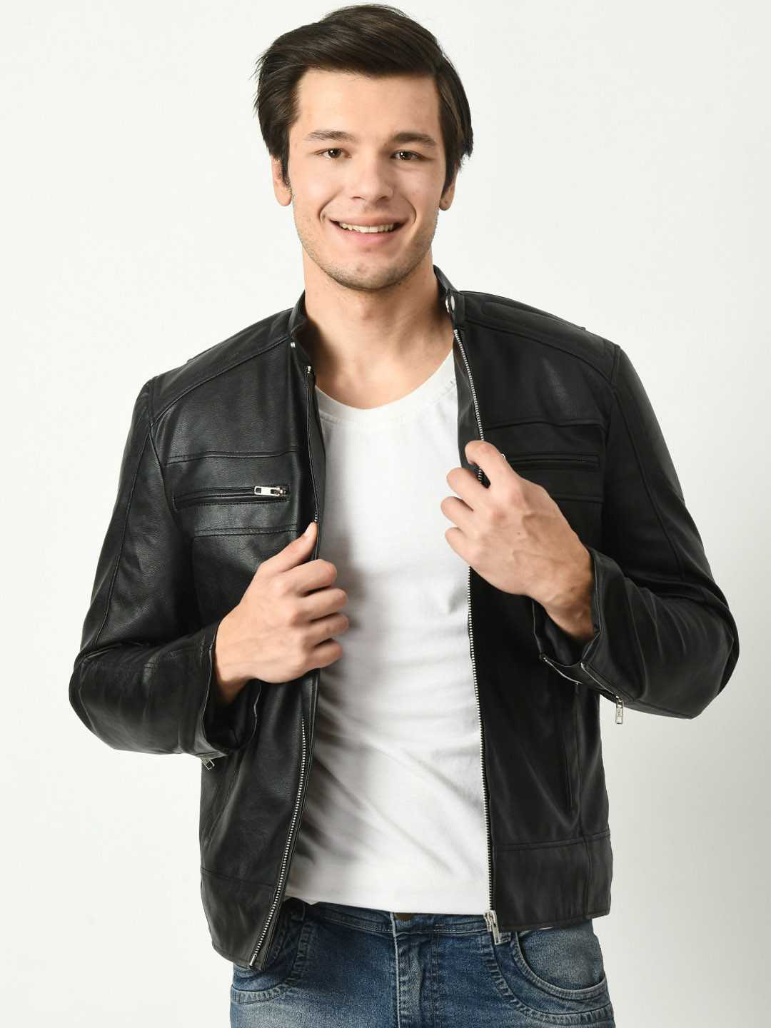 TBOJ Mandarin Collar Water Resistant Lightweight Leather Biker Jacket