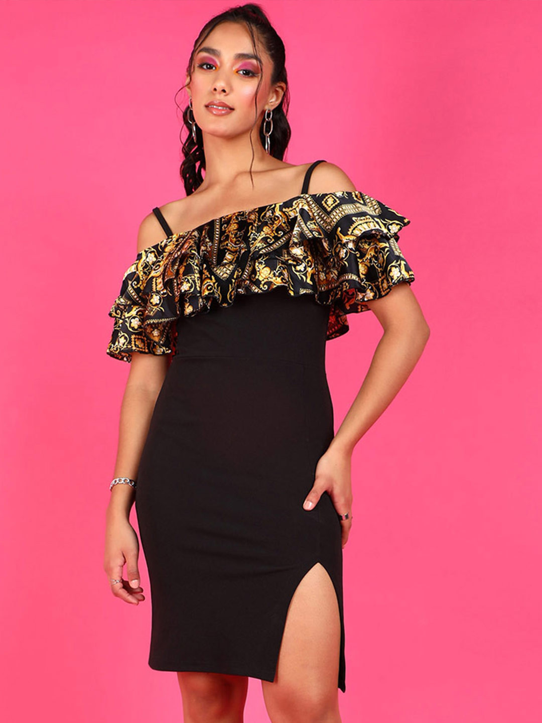 Popwings Off-Shoulder Ruffled High Slit Bodycon Dress