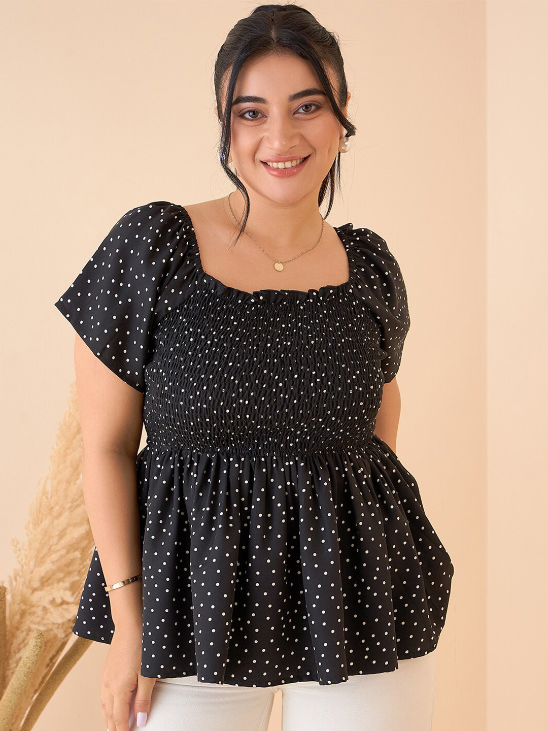 CURVE BY KASSUALLY Black Polka Dot Printed Smocked Peplum Top