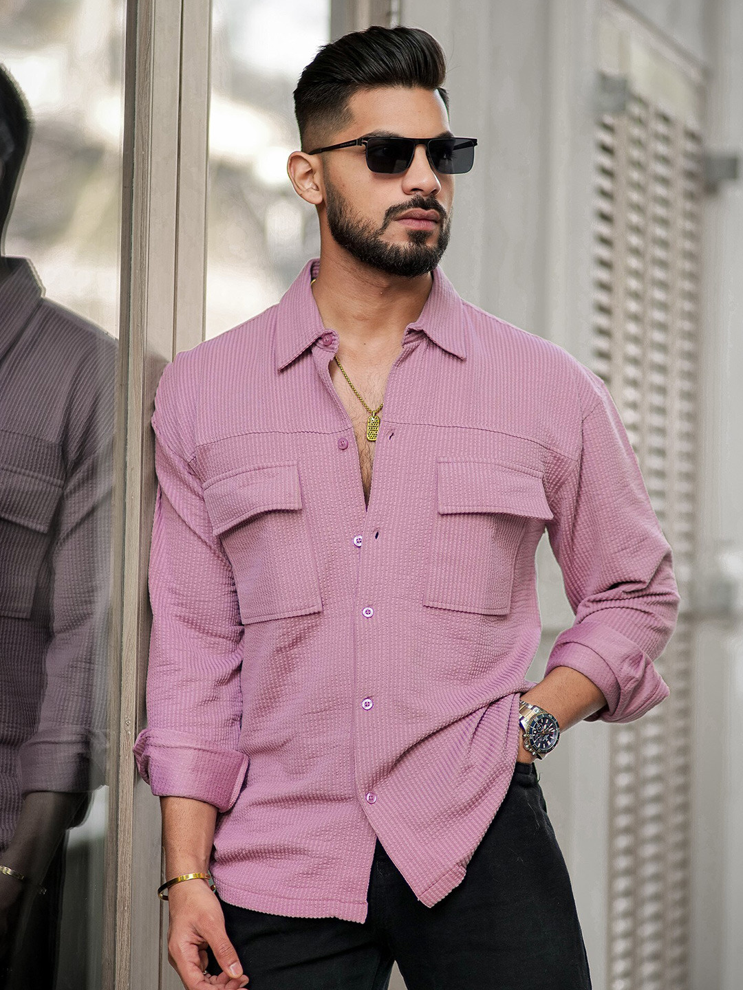 Maniac Pink Vertical Stripes Casual Shirt