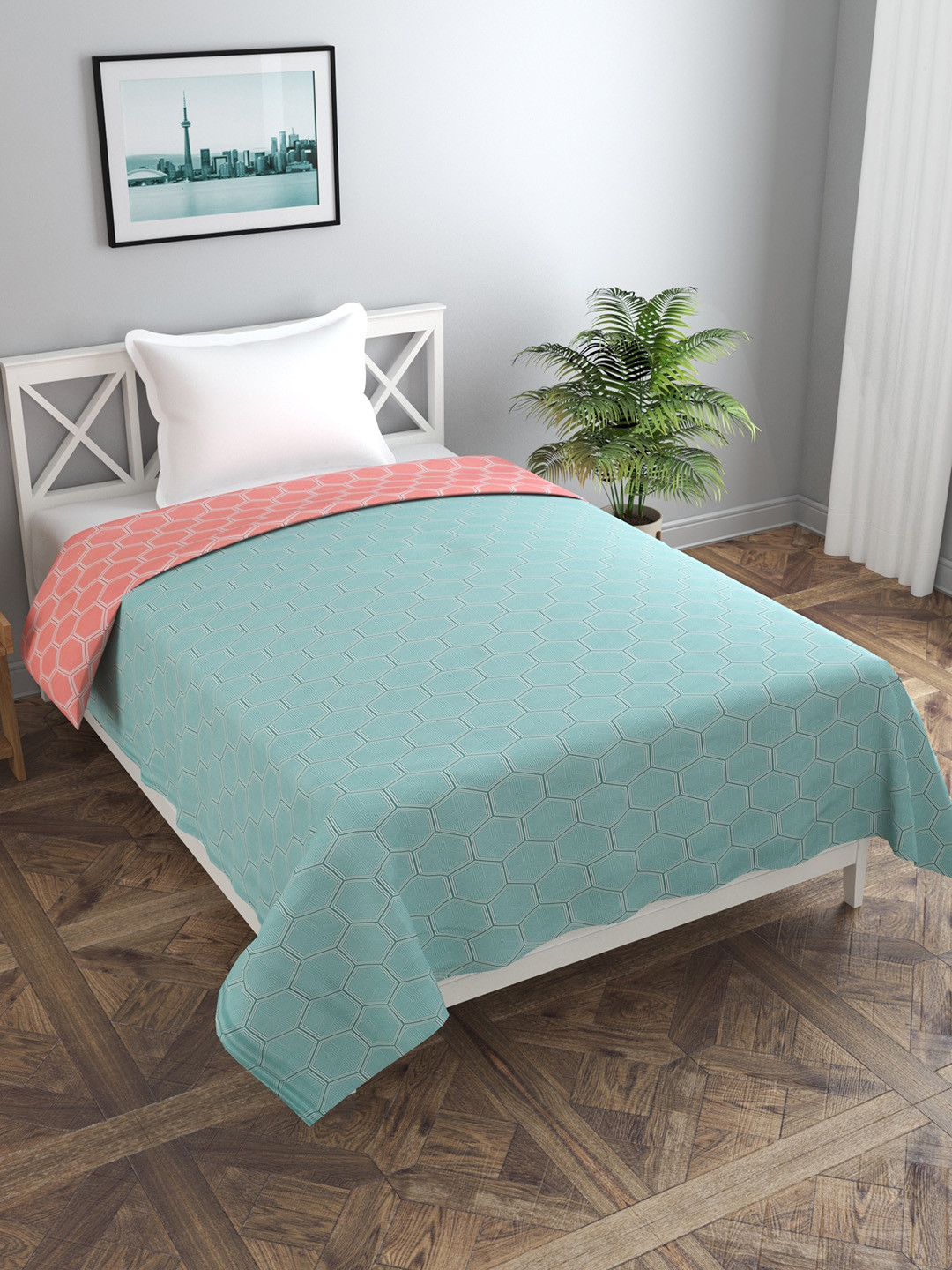 MORADO Green & Peach Colored Printed Reversable Single Duvet Cover