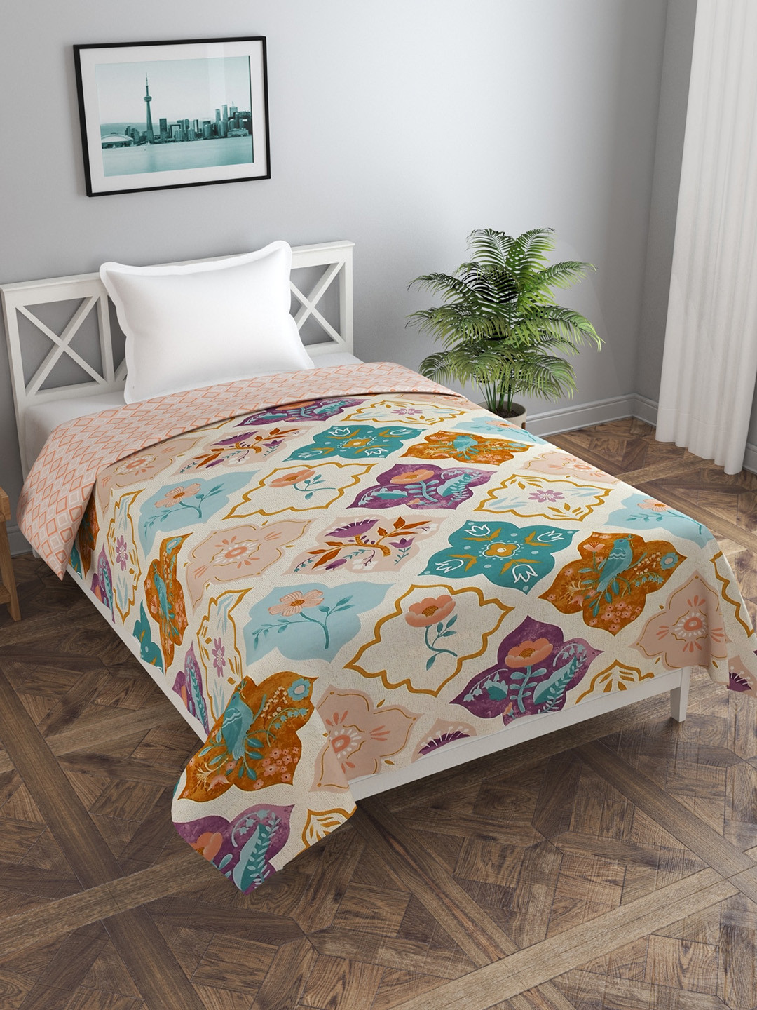 MORADO Orange Colored & Beige Printed Reversable Single Duvet Cover