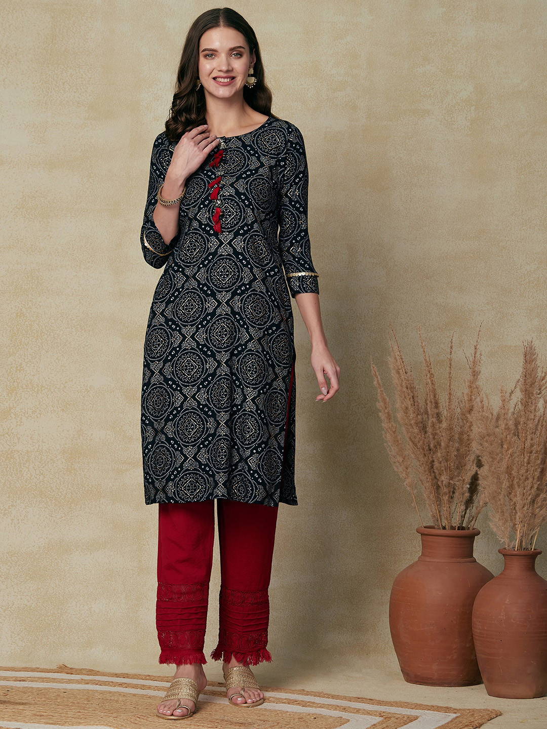 FASHOR Navy Blue Bandhani Printed Round Neck Sequined Straight Kurta
