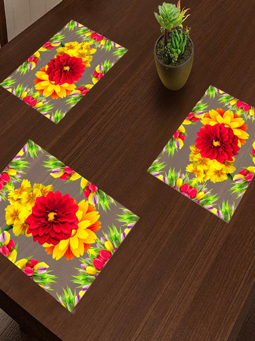 Dakshya Industries Blossom Red & Yellow 3 Pieces Floral Printed Table Placemats