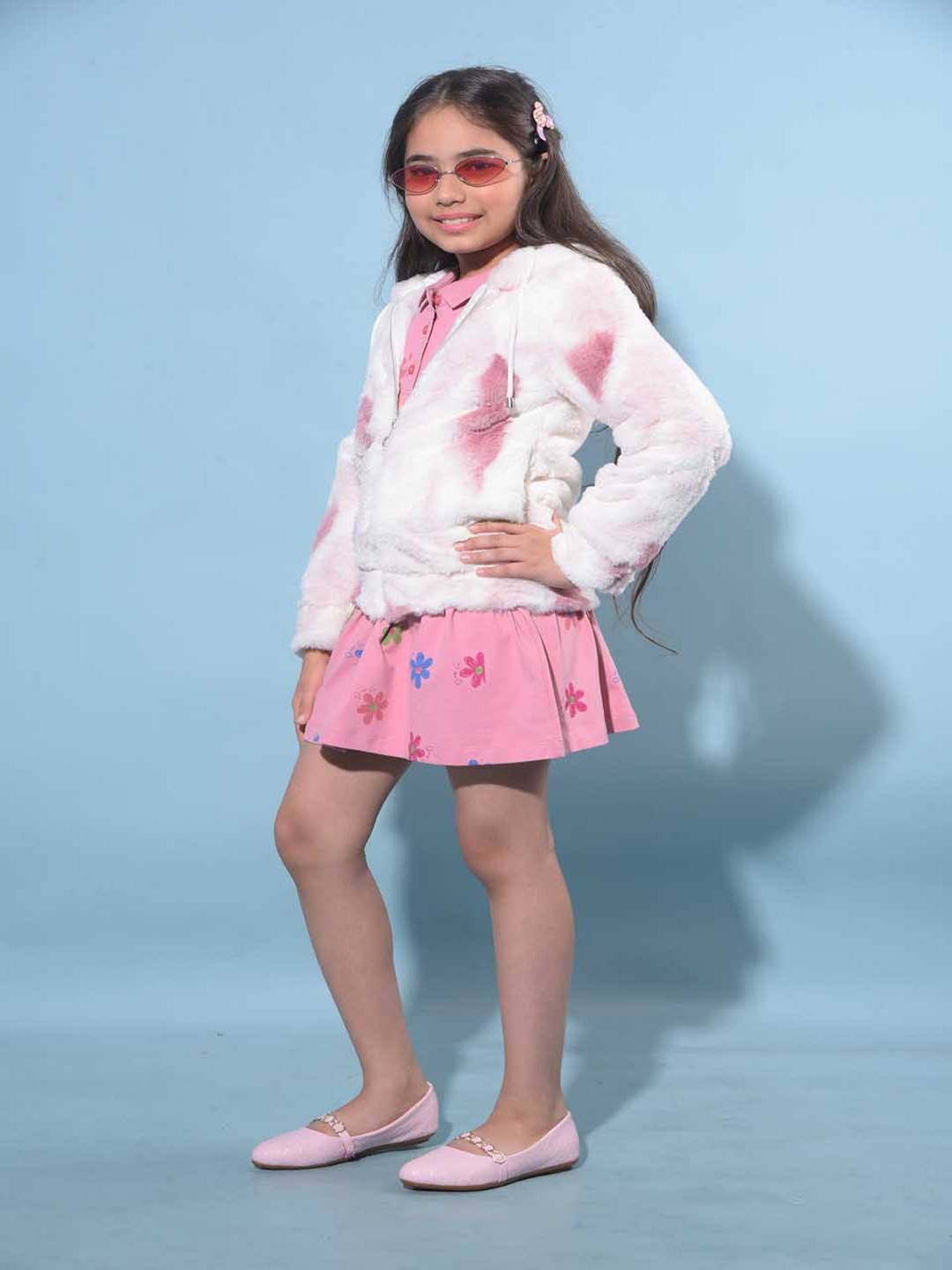 Crimsoune Club Girls Self Design Hooded Bomber Jacket With Faux Fur Trim