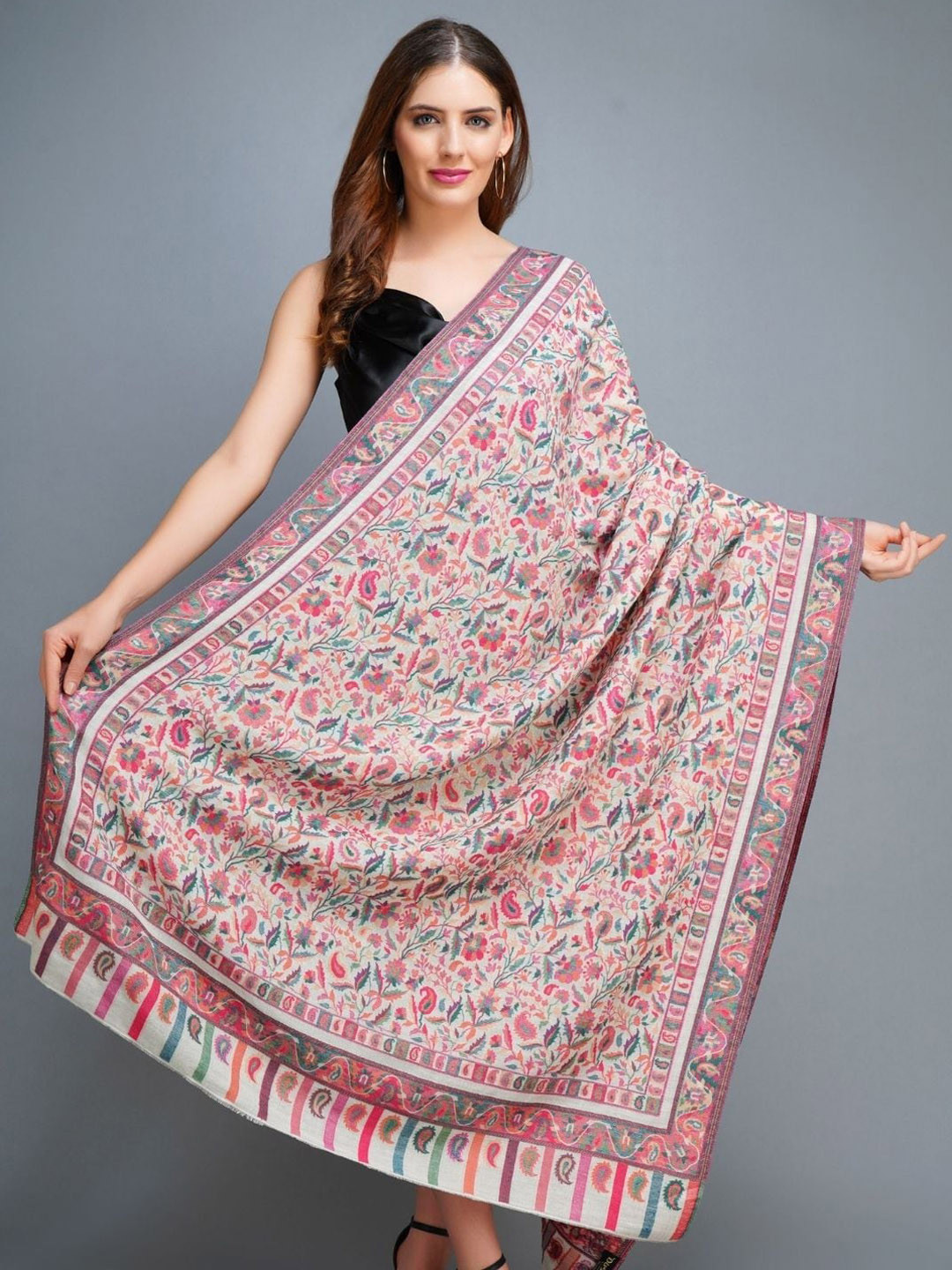 DUSALA INDIA Women Floral Wool Shawl With Printed Border