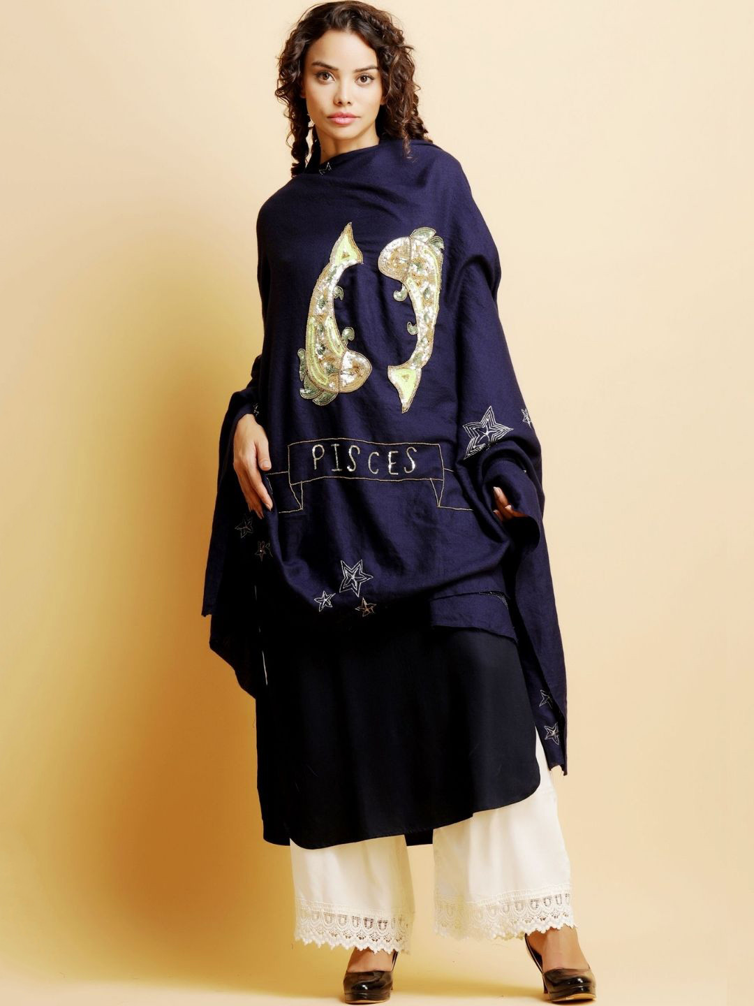 DUSALA INDIA Embroidered Sequence Pipe Work Shawl