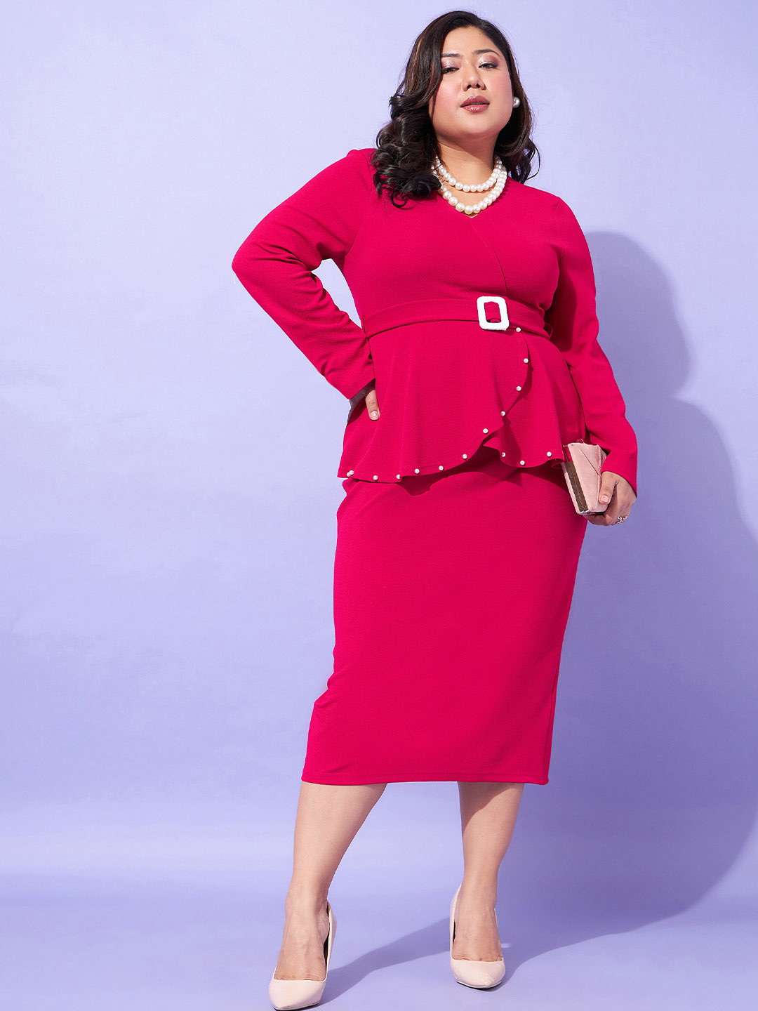 SASSAFRAS Curve Plus Size V-Neck Peplum Dress
