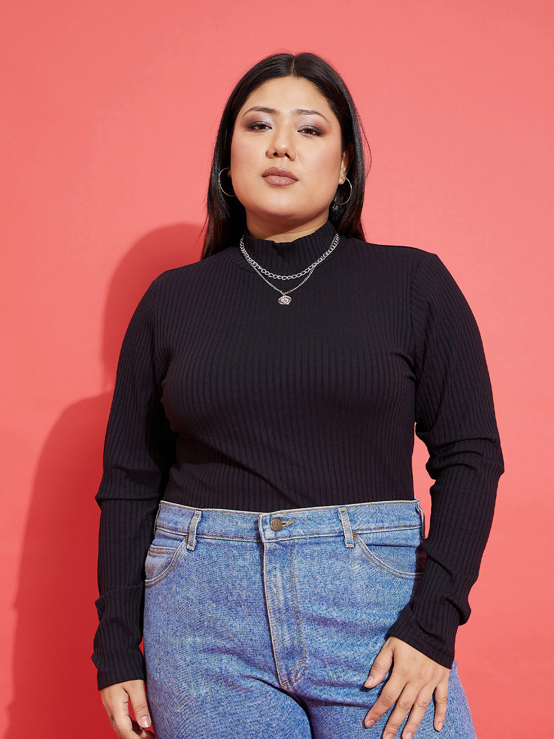 SASSAFRAS Curve Plus Size Rib High Neck Fitted Top