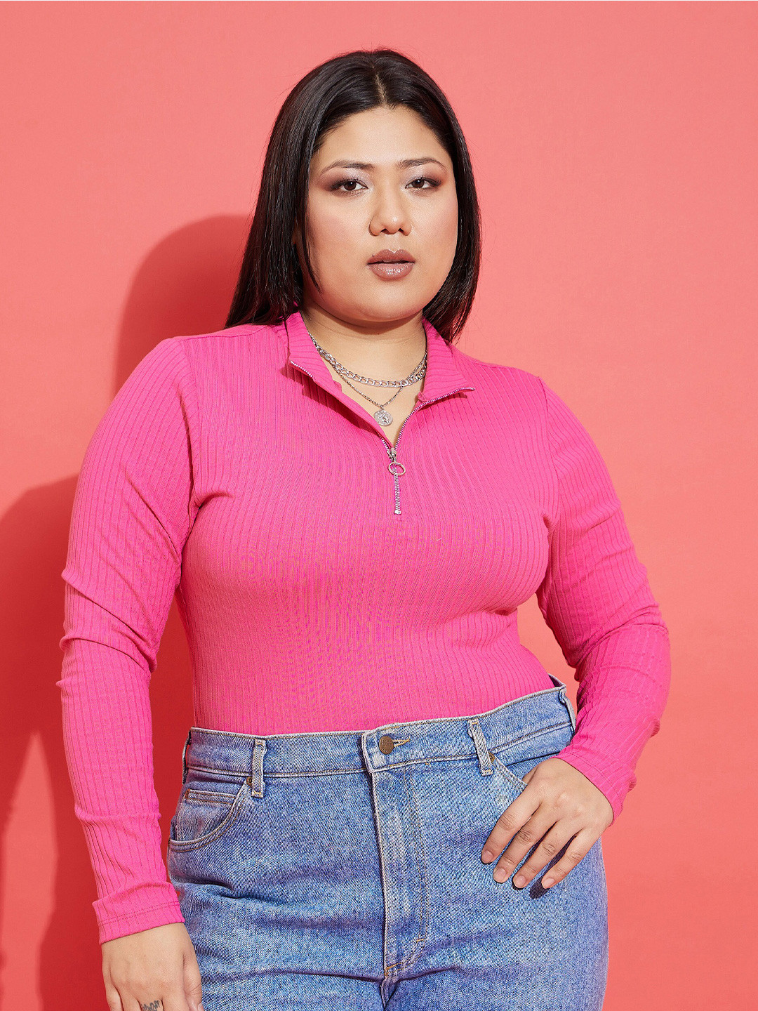 SASSAFRAS Curve Plus Size Self Design Shirt Collar Front Zip Detail Top