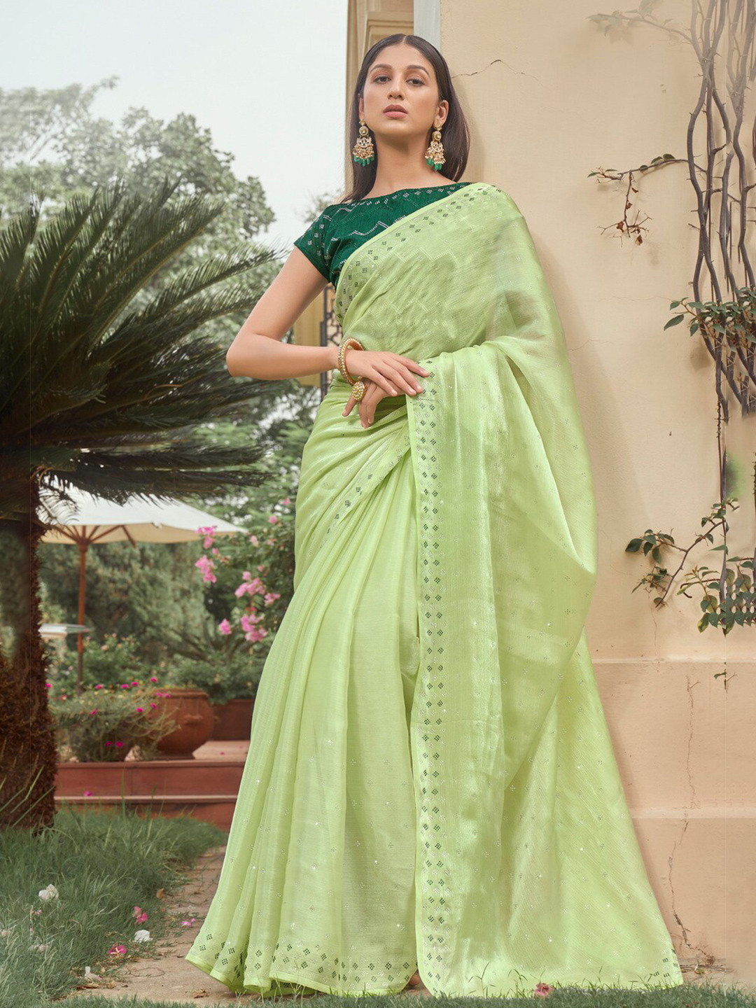 Mitera Lime Green & Silver-Toned Embellished Mukaish Pure Chiffon Saree