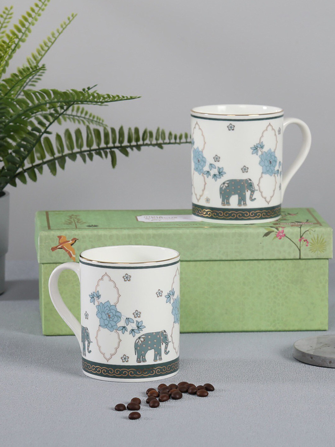 India Circus Peacock Admiration White Animal Print Bone China Microwave Safe 2 Piece Mugs-360ml