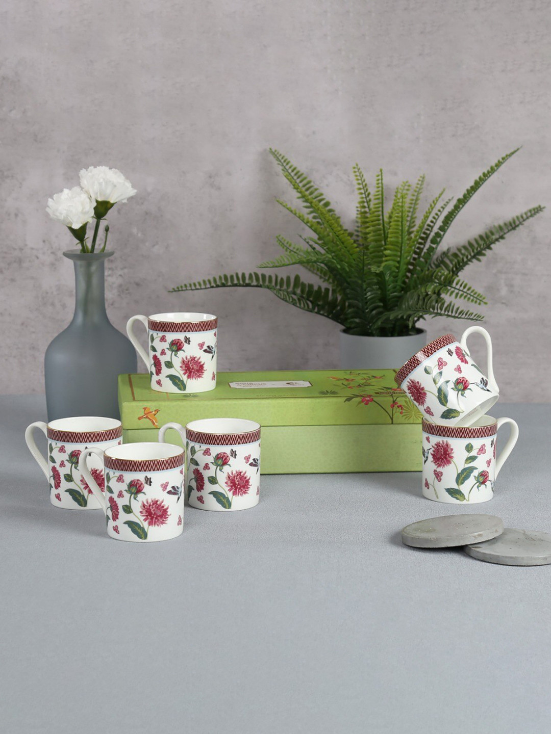 India Circus White Floral Bone China Handmade 6 Piece Mugs-220ml