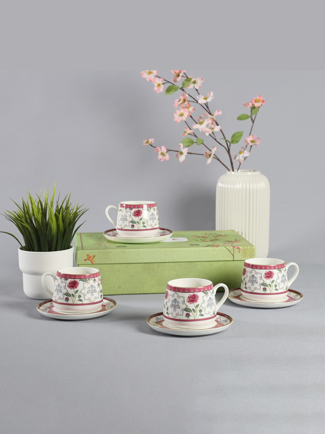 CLAY CRAFT  8 Pcs White & Pink Floral Printed Bone China Cups and Saucers - 220 ML Each