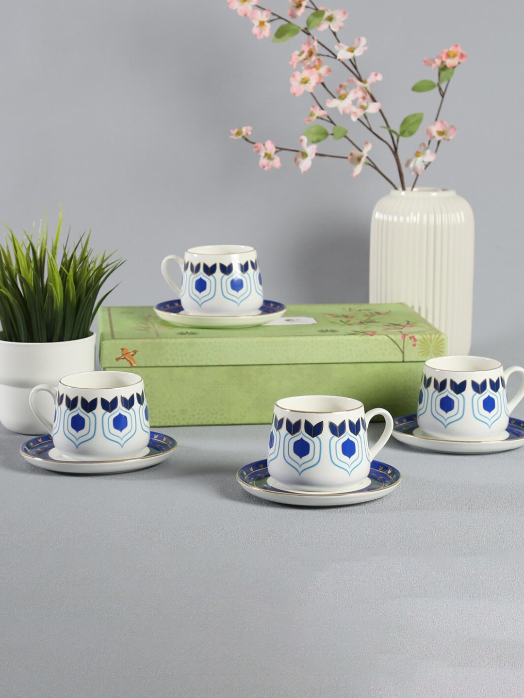 CLAY CRAFT  White & Blue 8 Pcs Printed Bone China Glossy Cups and Saucers 220ml each