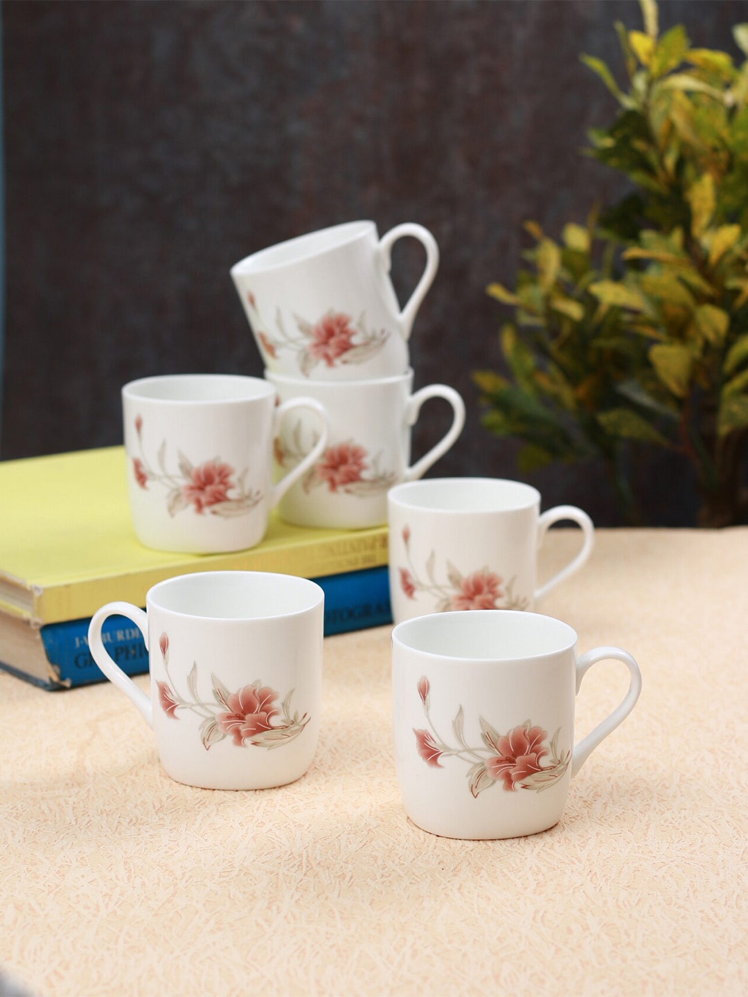 CLAY CRAFT Warinder Name Personalised White Floral Ceramic Handmade 6 Piece Cups-180ml