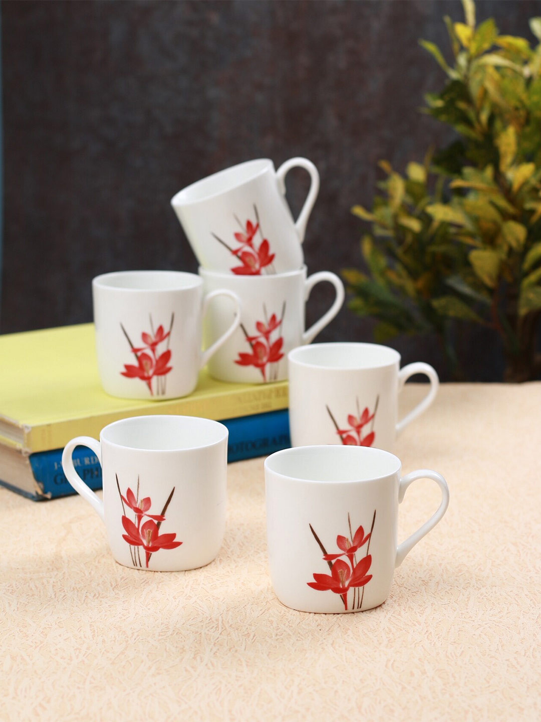 CLAY CRAFT Om Name Personalised White Floral Ceramic Microwave Safe 6 Piece Cups-180ml
