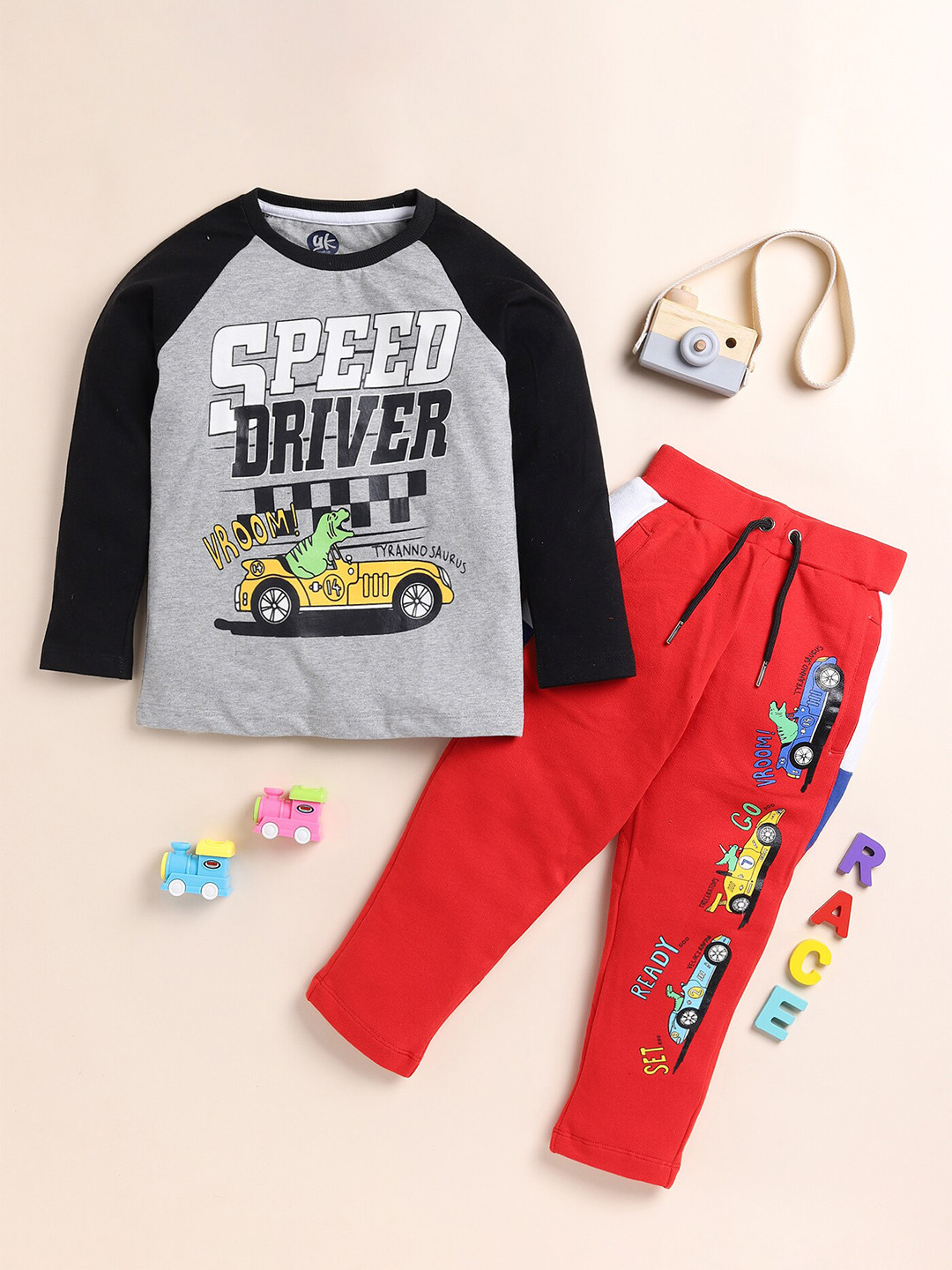 YK Boys Printed Round Neck Long Sleeves Pure Cotton T-shirts with Trousers