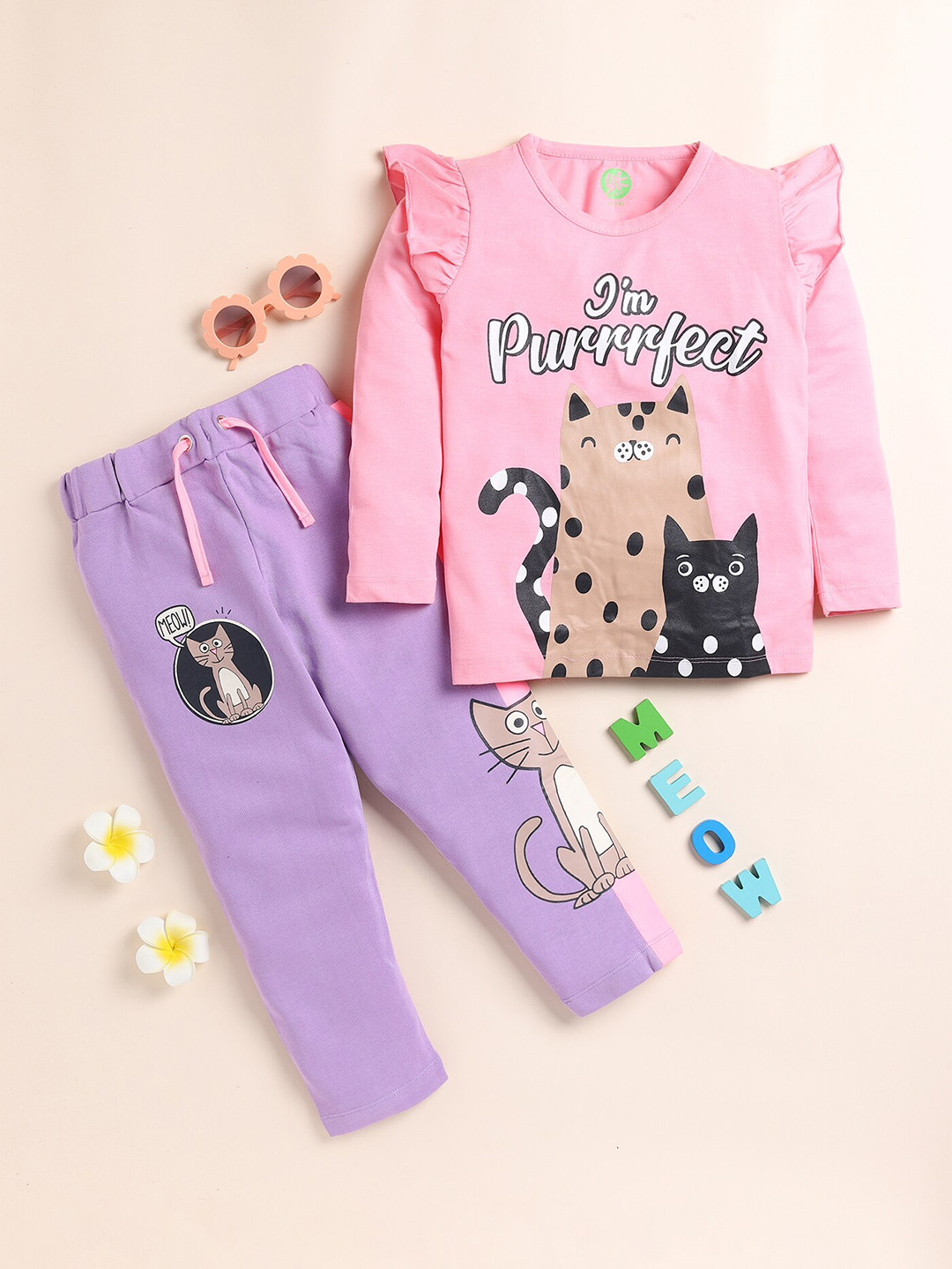 YK Girls Pink & Purple Printed Long Sleeves Pure Cotton Top with Trousers