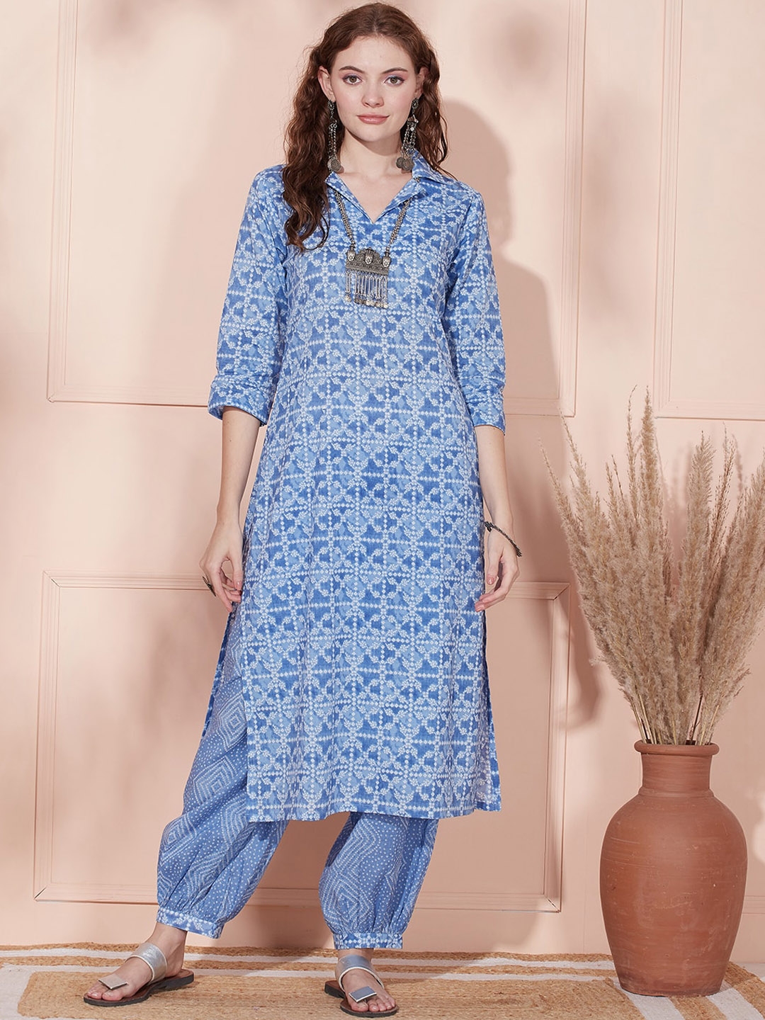 FASHOR Ethnic Motifs Printed Shirt Collar Printed Straight Kurta With Salwar - Kurta Sets for Women 25613534 | Myntra